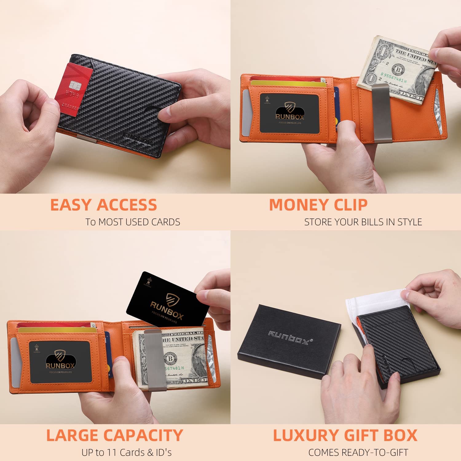 RUNBOX 男士修身钱包 - 皮革钱夹男士钱包 - RFID 屏蔽前袋双折钱包 - 带礼品盒的简约信用卡夹