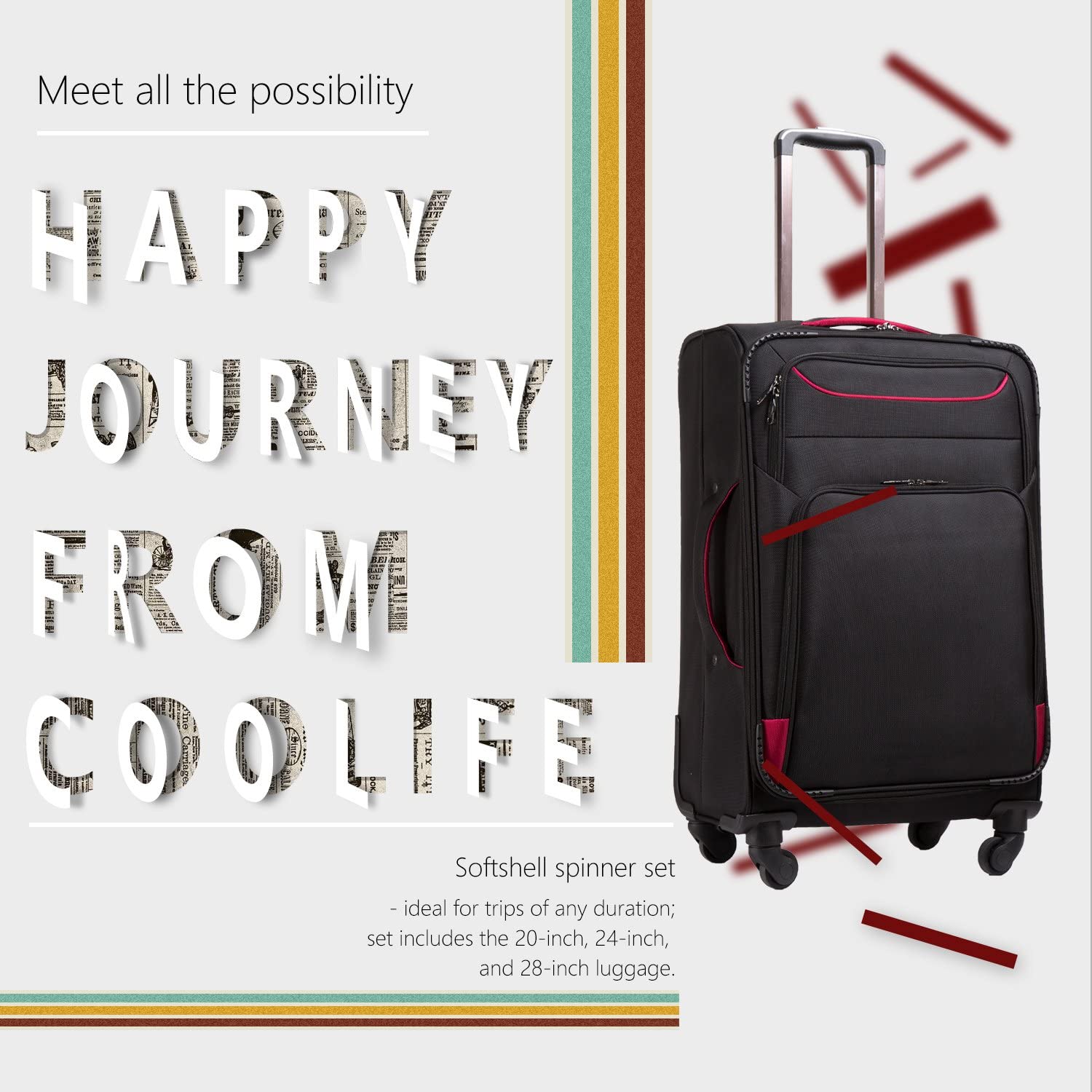Coolife Luggage 3 件套 Suitcase Spinner Softshell 轻量级（蓝+银）