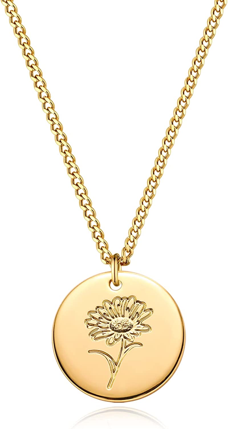 MEVECCO 生日花项链 18k 金雕刻定制花卉吊坠项链精致生日花盘吊坠手印花盘项链个性化首饰 送给她的生日礼物