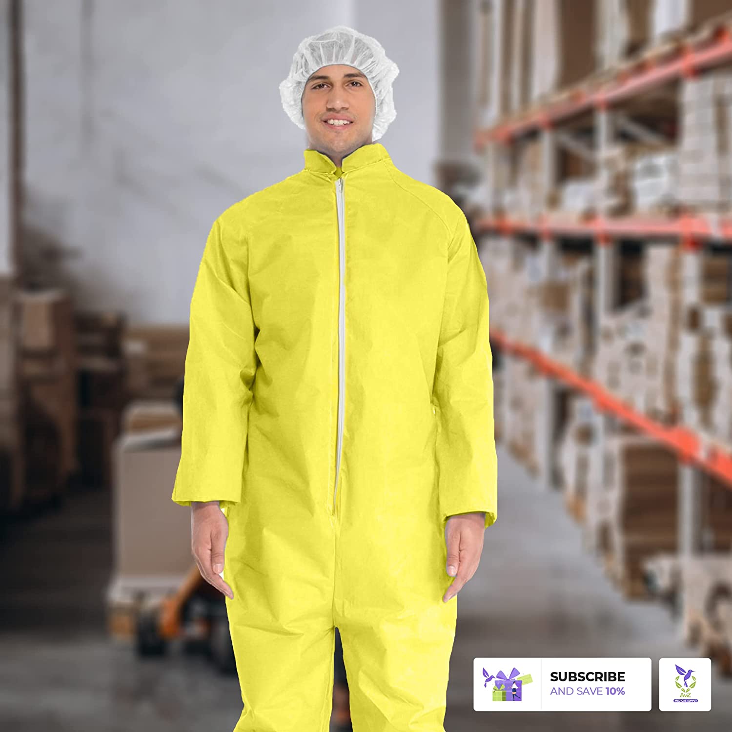 AMZ Medical Supply 一次性工作服男式、女式，5 件装一次性黄色中号防护服，PP+PE 82gsm 一次性防护服，带割腕、脚踝、防水防护服服装