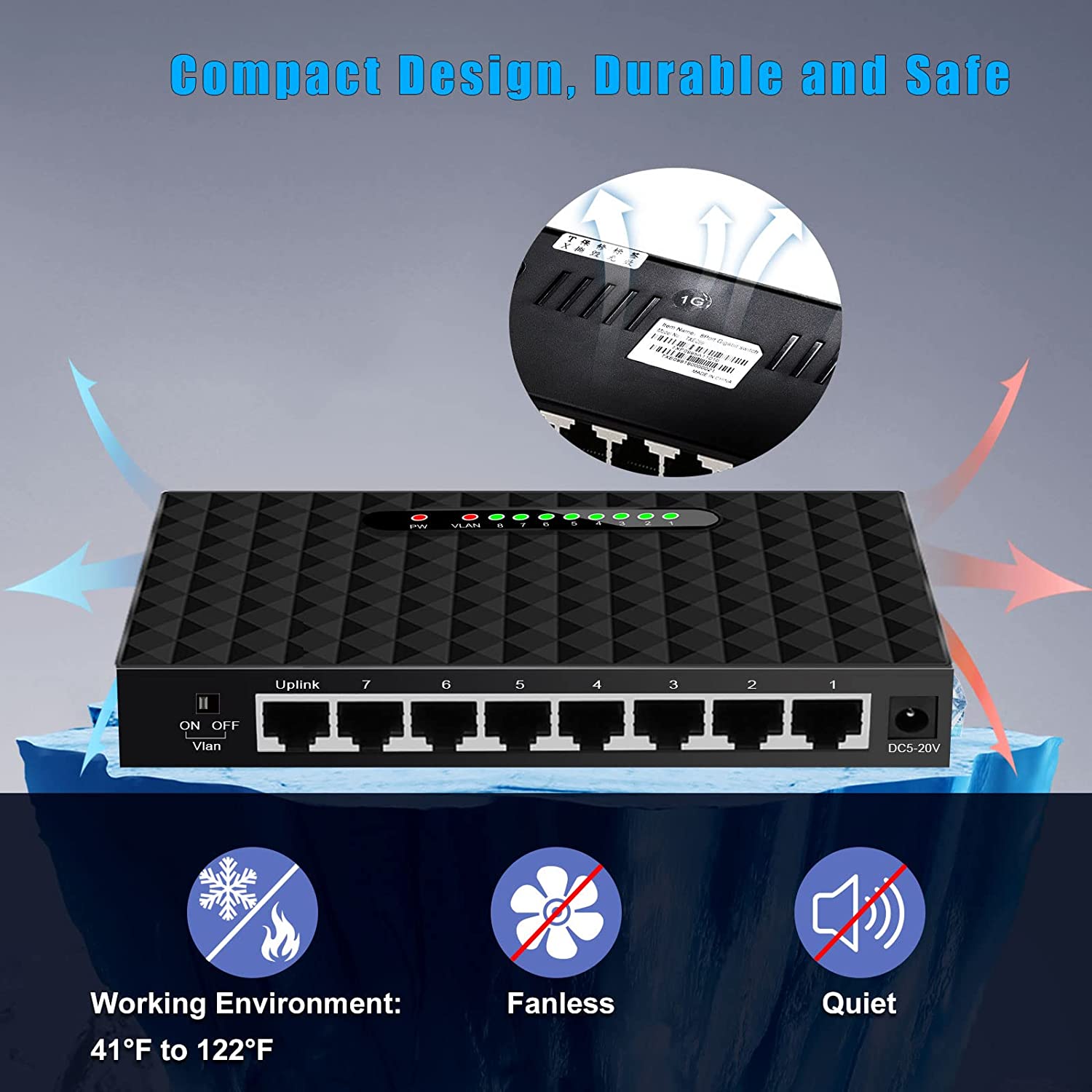 TEROW<link TXE099 8 端口千兆以太网网络交换机，10/100/1000Mbps 网络交换机集线器，桌面非托管以太网分离器，耐用塑料外壳，无风扇静音，即插即用