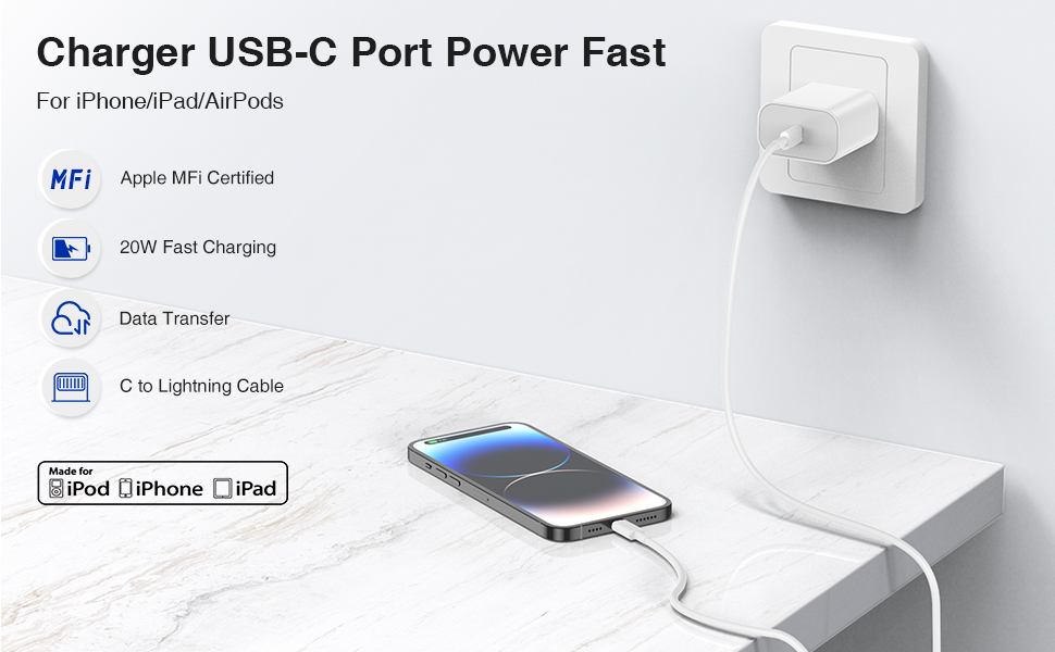 iPhone 14 13 12 快速充电器，[2 件装] Apple 14 13 充电器座，带 (2×6FT) USB C 至闪电数据线快速充电，适用于 Apple iPhone 14/13/12/11 Pro Max/XS/SE 的 USB C 型壁式充电器/iPad/AirPods