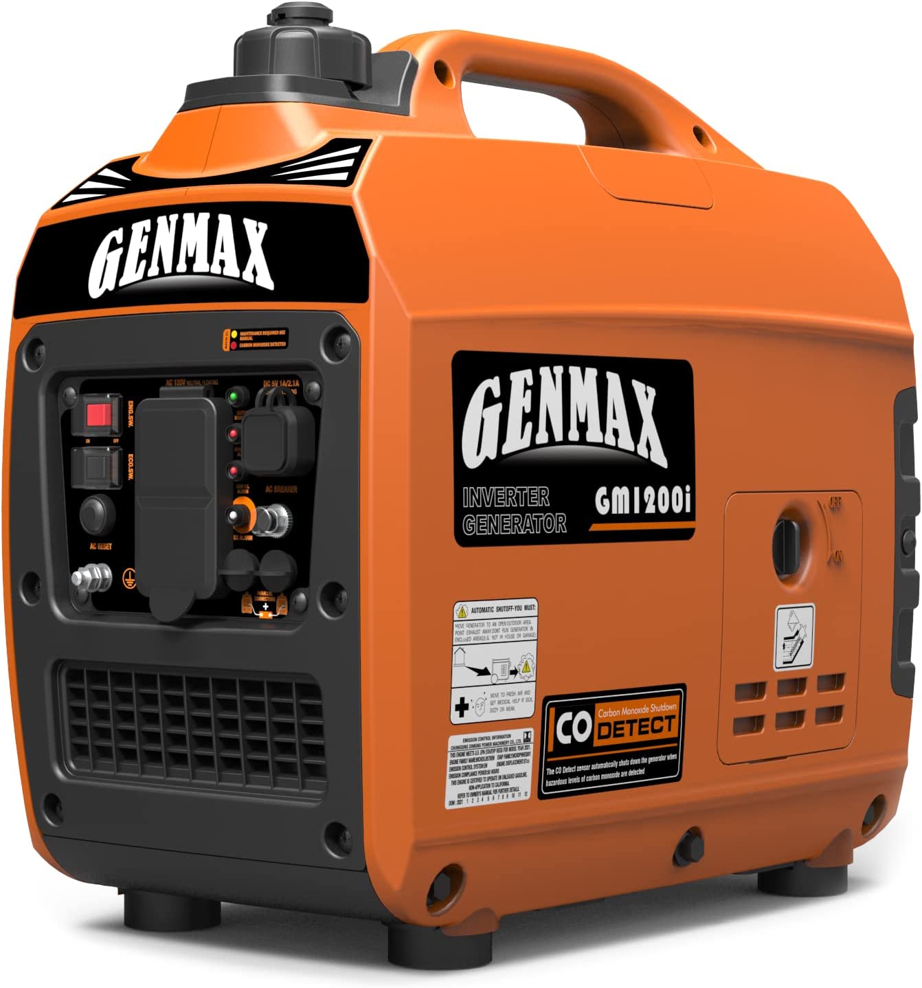 GENMAX 便携式变频发电机，1200W 超静音燃气发动机，符合 EPA 标准，生态模式功能，超轻型备用家庭使用露营 (GM1200i)