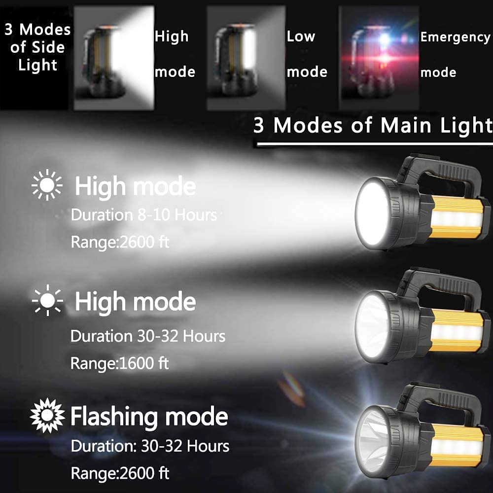 超亮 LED 手持聚光灯手电筒可充电 9600mAh 6000 流明长效聚光灯防水战术手电筒，6 种灯光模式侧泛光灯，USB 输出移动电源
