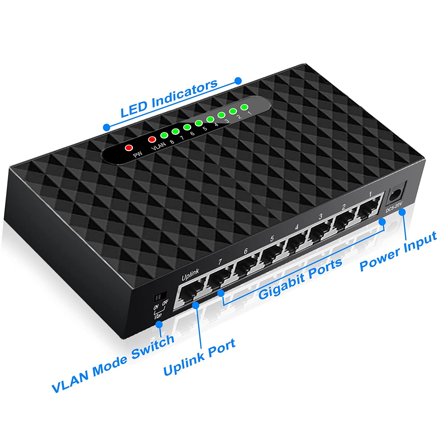 TEROW<link TXE099 8 端口千兆以太网网络交换机，10/100/1000Mbps 网络交换机集线器，桌面非托管以太网分离器，耐用塑料外壳，无风扇静音，即插即用