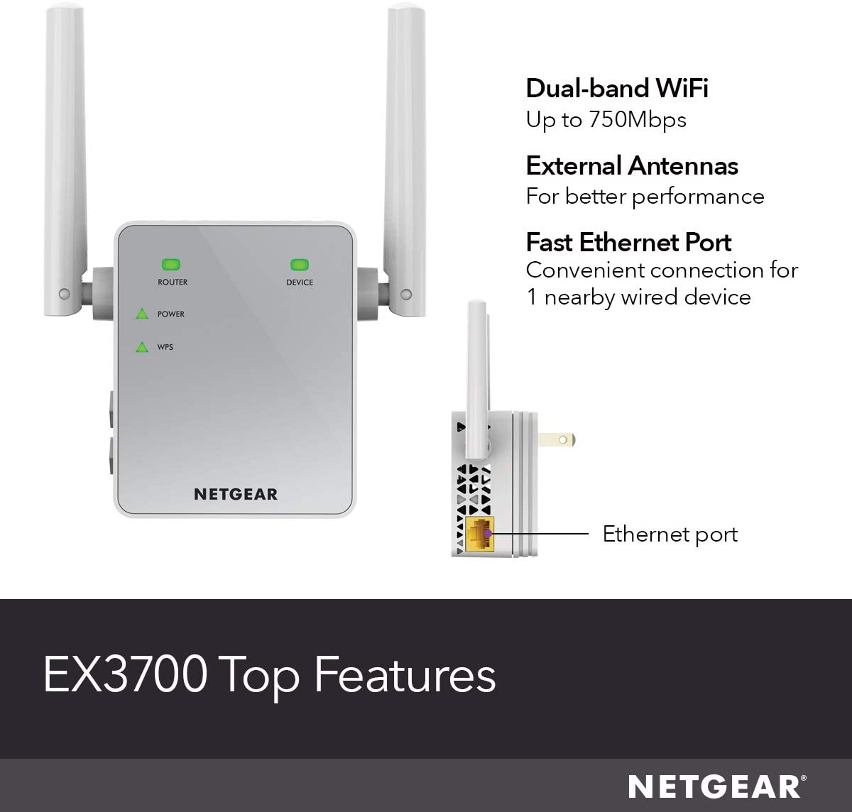 NETGEAR Wi-Fi 范围扩展器 EX3700 - 覆盖范围高达 1000 平方英尺和 15 台设备，配备 AC750 双频无线信号增强器和无线信号放大器中继器（高达 750Mbps 速度）和紧凑型壁式插头设计