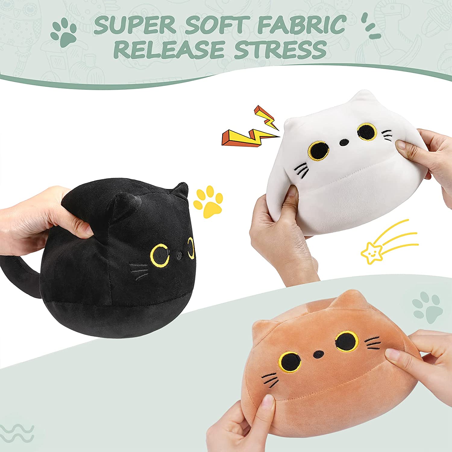 可爱的黑白和棕色组合猫毛绒玩具 - 柔软有弹性的儿童猫填充动物玩具，舒适的毛绒猫枕头玩偶，用于缓解压力、睡觉和装饰 3 件套