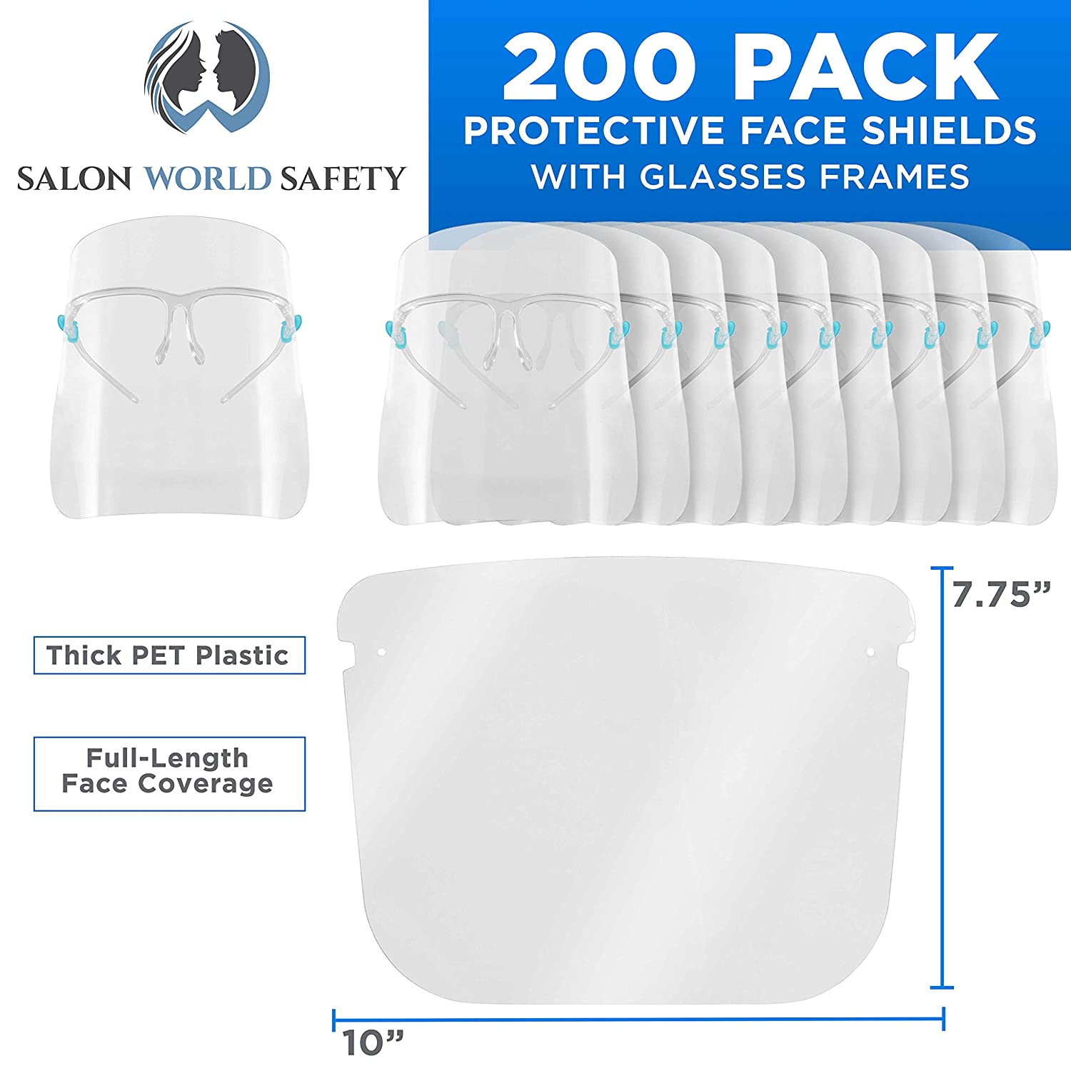 TCP Global Salon World Safety Face Shields with Glasses Frames（4 件装）- 超透明防护全面罩，保护眼睛、鼻子、嘴巴 - 防雾 PET 塑料卫生液滴防溅罩