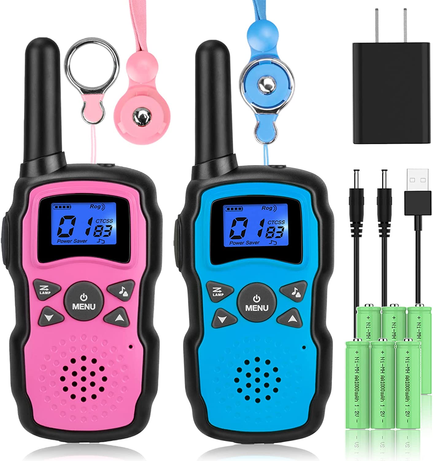 Wishouse 儿童对讲机可充电 USB 充电器 6000mAh 电池，带手电筒挂绳的户外露营游戏，女孩玩具，儿童万圣节圣诞节生日礼物 2 件装粉色紫色