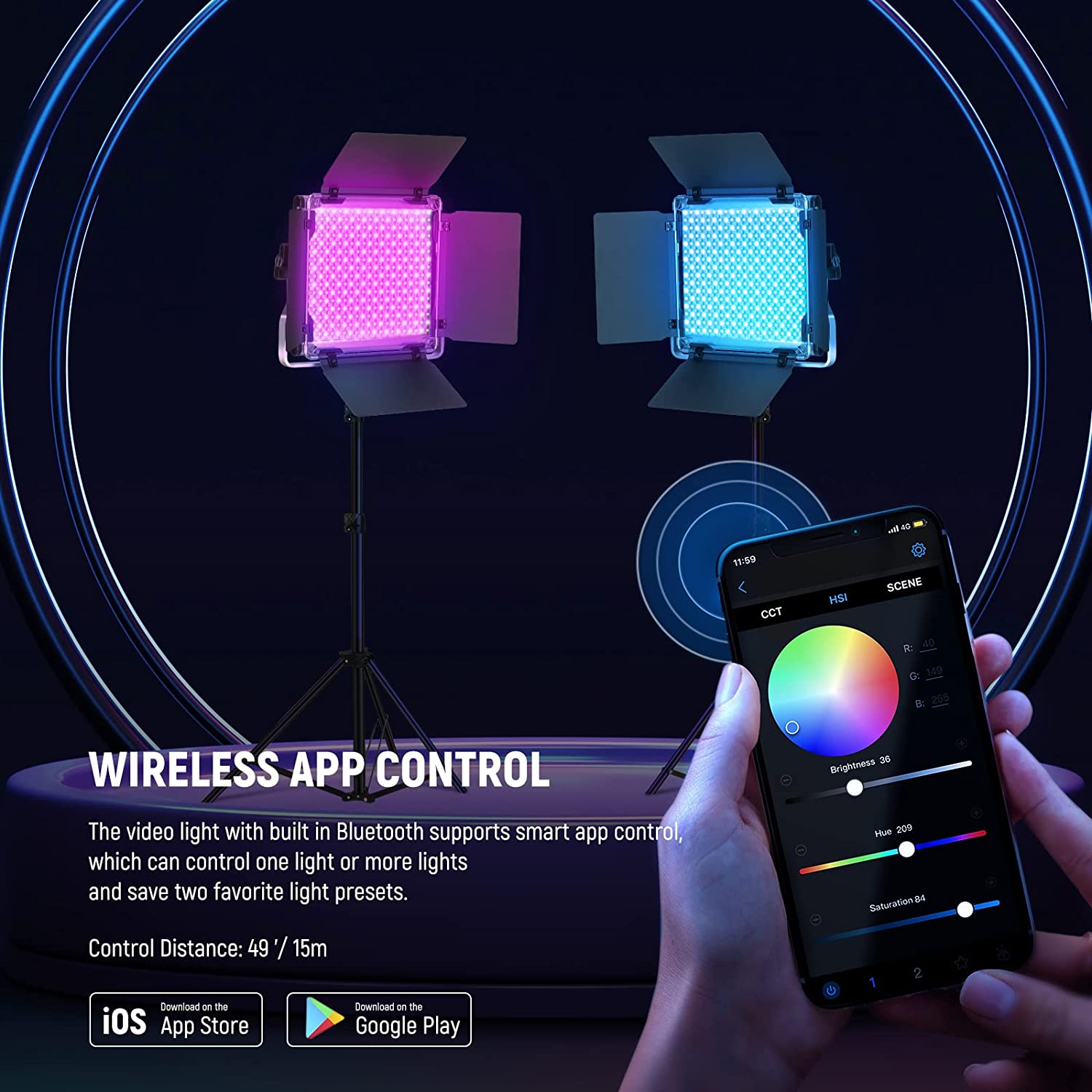 NEEWER 升级版 660 PRO II RGB LED 视频灯带 App 控制和支架套件，2 件装恒定 50W 无色移/1% 精确最小调光/360° RGB/CRI97+/3200K~5600K 用于游戏流 YouTube 摄影