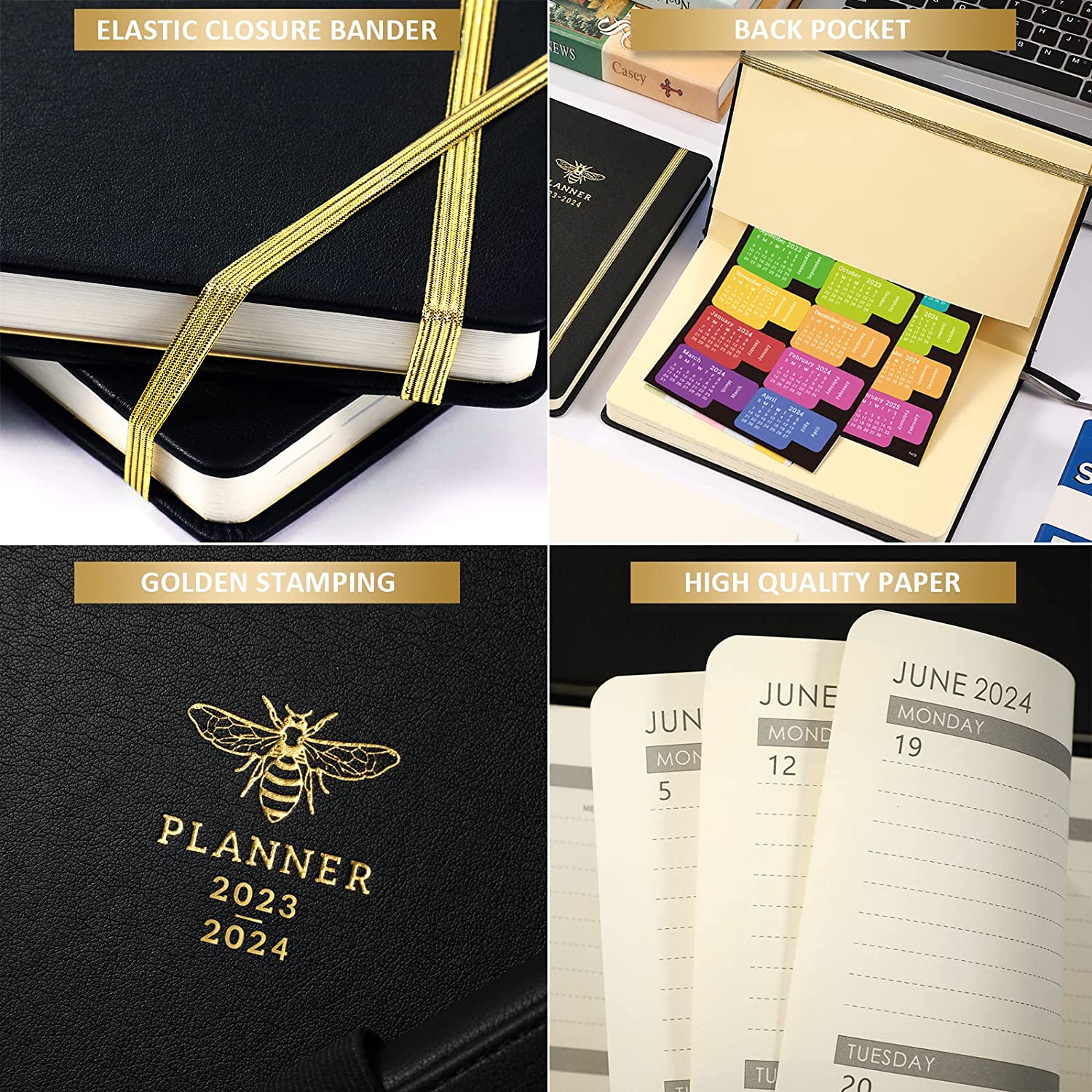 Planner 2023-2024 - Academic Planner 2023-2024 从 2023 年 7 月到 2024 年 6 月，2023-2024 周月计划，带日历贴纸，5.75" x 8.25"，Saffiano 皮革，笔环，后袋 - 黑蜜蜂