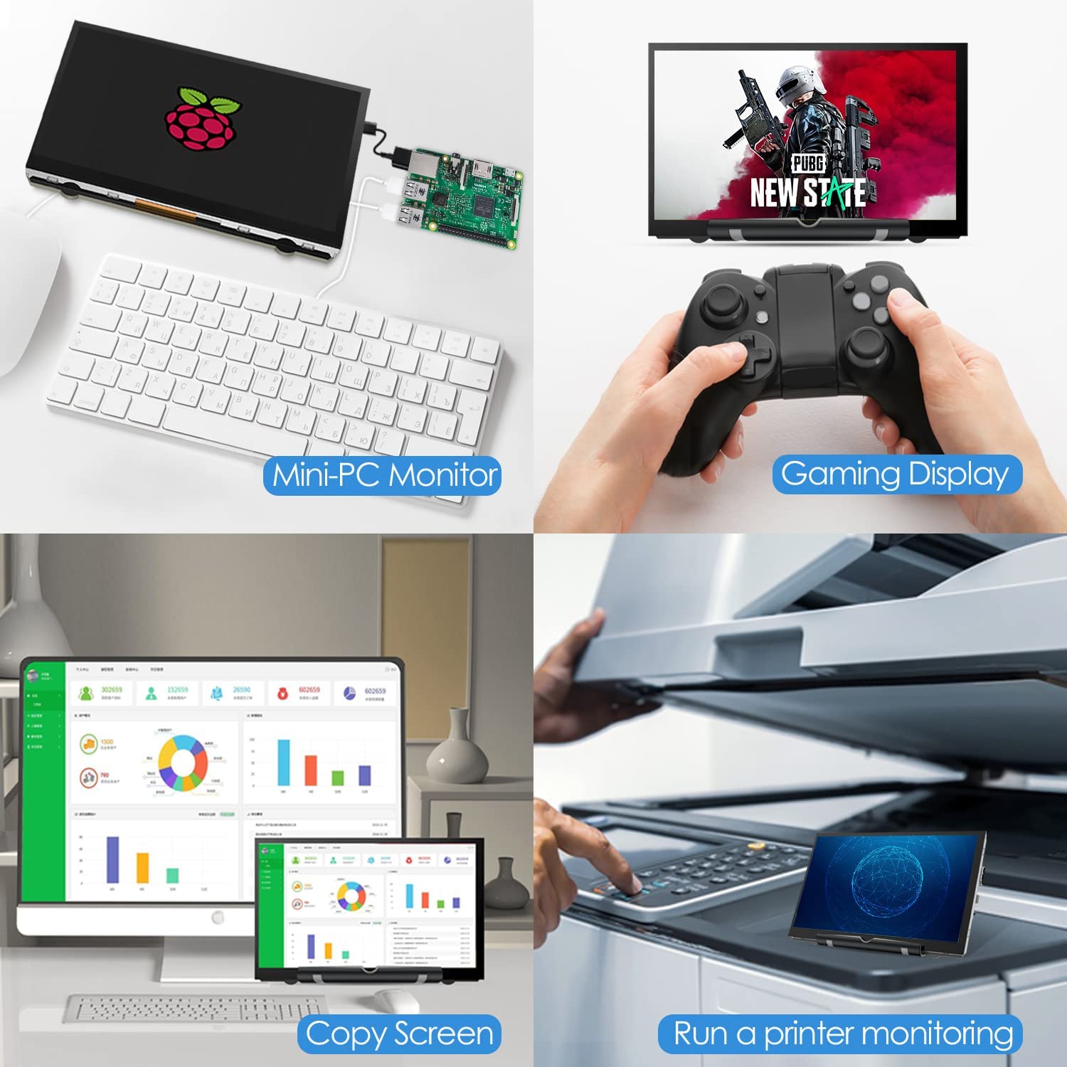 HMTECH 7 英寸 Raspberry Pi 屏幕 800x480 HDMI 便携式显示器 IPS LCD 屏幕显示器适用于 Raspberry Pi 4/3/2/Zero/B/B+ Win11/10/8/7（非触摸）