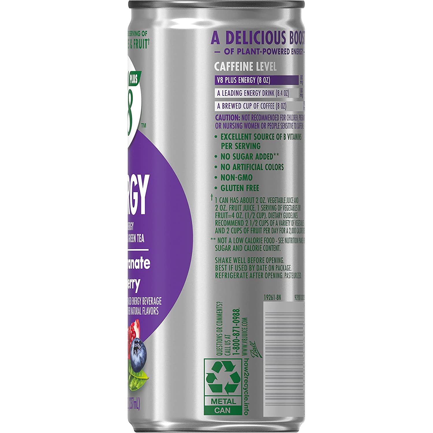 V8 +ENERGY 石榴蓝莓能量饮料，用真正的蔬菜和果汁制成，8 盎司罐装（24 件装）