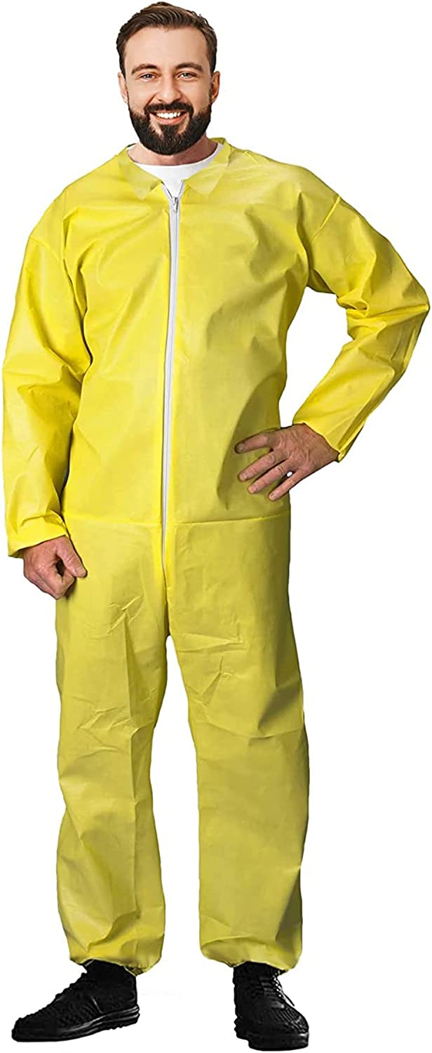AMZ Medical Supply 一次性工作服男式、女式，5 件装一次性黄色中号防护服，PP+PE 82gsm 一次性防护服，带割腕、脚踝、防水防护服服装