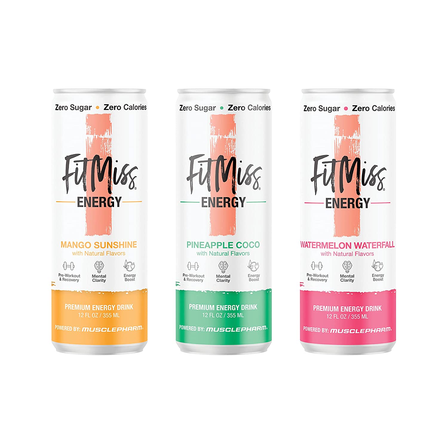 usclePharm FitMiss 能量饮料 12 盎司（12 瓶装）- 西瓜瀑布 - 无糖无卡路里 - 完全碳酸化，不含人工色素或染料