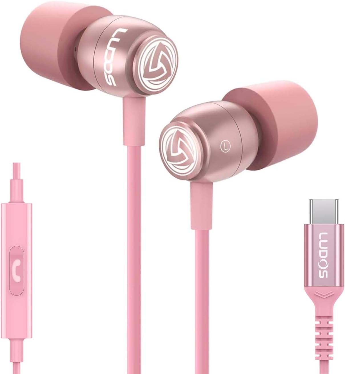 LUDOS Clamor USB C耳机适用于iPhone 17 16 15 Pro Max Plus Air iPad Pro，5年保修，适用于三星Galaxy S24 S23 Ultra S22 S21 FE S20 A55 A53的USB-C耳机，USB C型耳机-粉红色