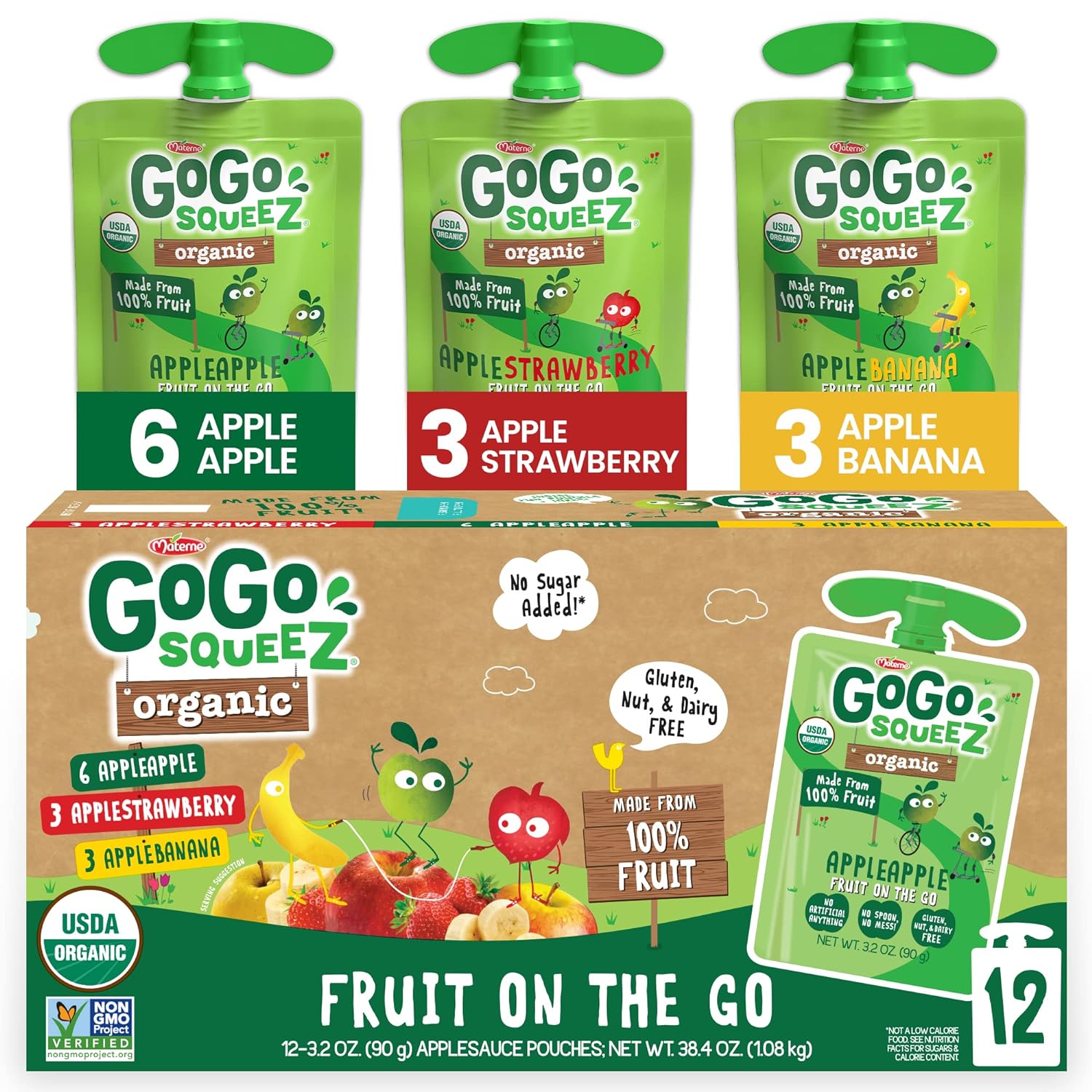 GoGo squeeZ 有机水果便携装，苹果/香蕉/草莓，3.2 盎司。 （12 袋）- 由有机苹果、香蕉和苹果制成草莓 - 无麸质零食 - 坚果不含乳制品 - 素食小吃
