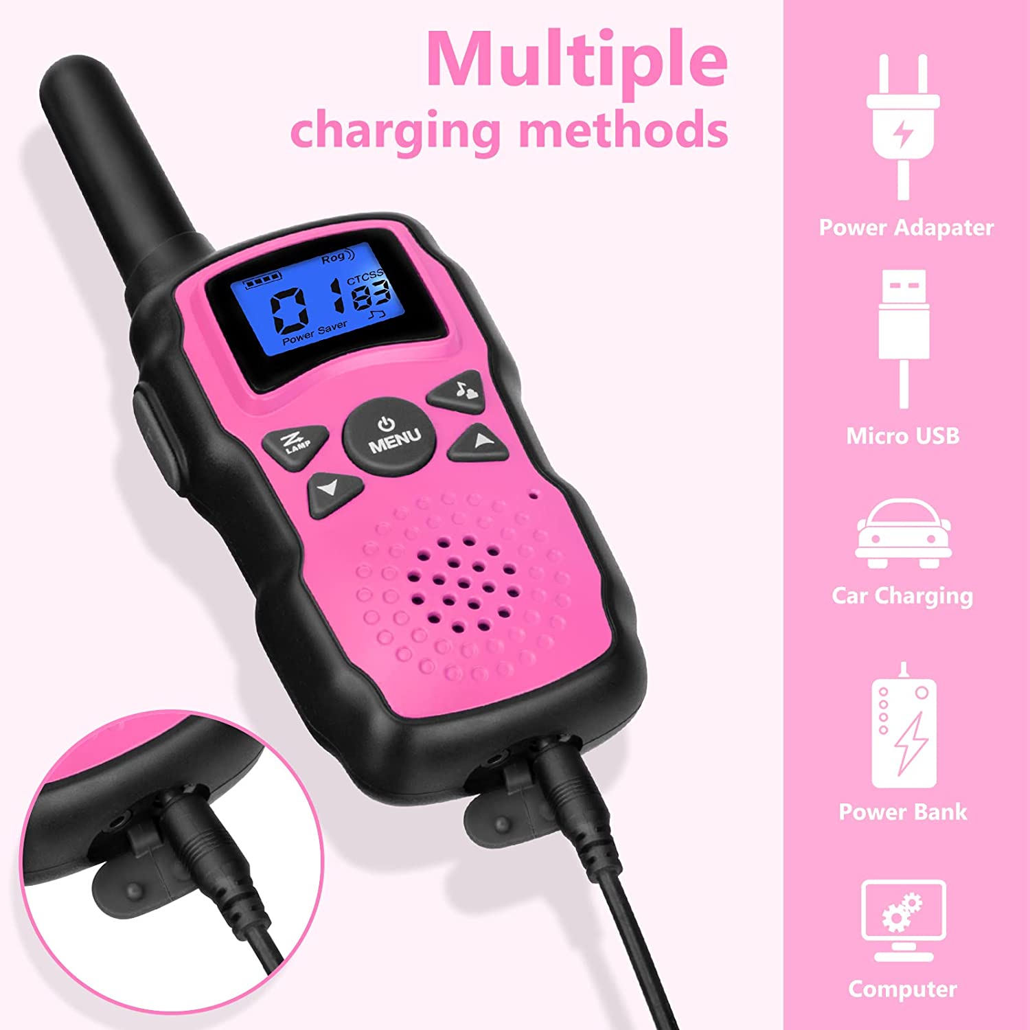 Wishouse 儿童对讲机可充电 USB 充电器 6000mAh 电池，带手电筒挂绳的户外露营游戏，女孩玩具，儿童万圣节圣诞节生日礼物 2 件装粉色紫色