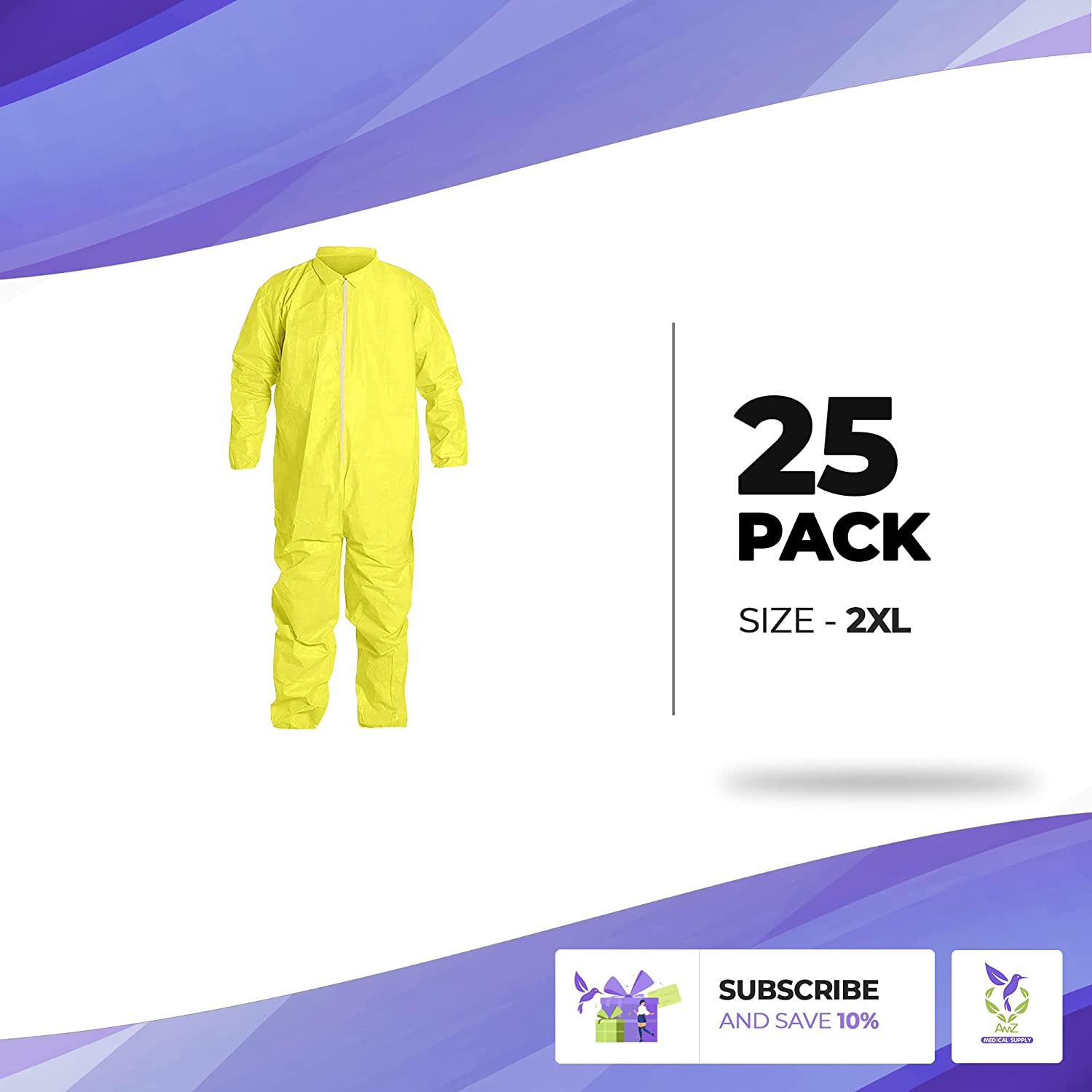 AMZ Medical Supply 一次性工作服男式、女式，5 件装一次性黄色中号防护服，PP+PE 82gsm 一次性防护服，带割腕、脚踝、防水防护服服装