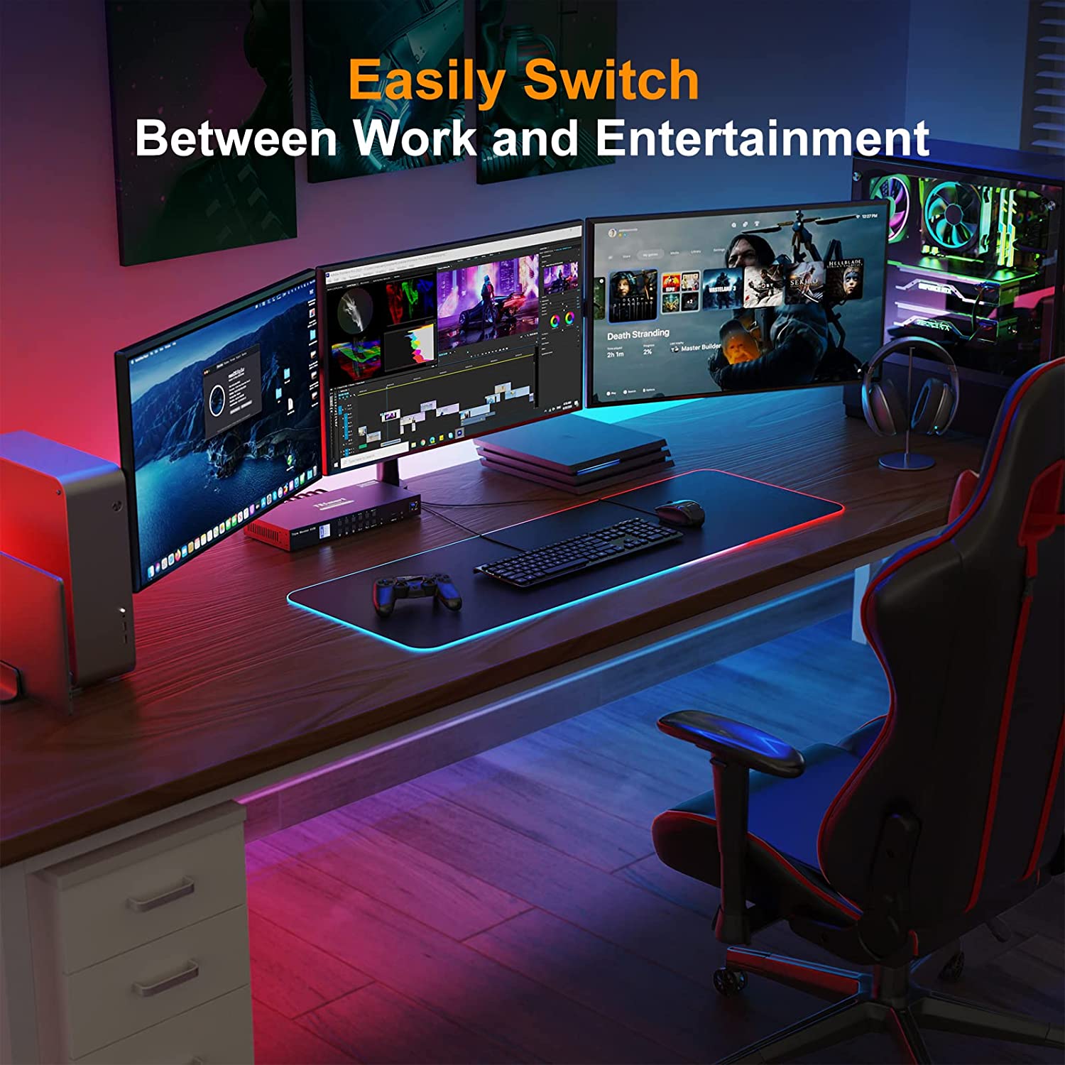 TESmart KVM 切换器 3 显示器 4 台计算机 4K@60Hz 4:4:4，支持 3 个 USB 外围设备，2 个音频输出，机械，多媒体键盘，RS232，三显示器 HDMI KVM 切换器 4 端口盒，带 KVM 电缆