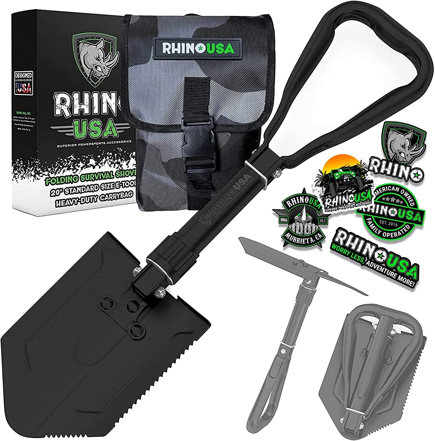 RHINO USA 折叠求生铲带镐 - 重型碳钢军用风格挖沟工具，适用于越野、露营、园艺、海滩、挖掘泥土、沙子、泥土和雪地。