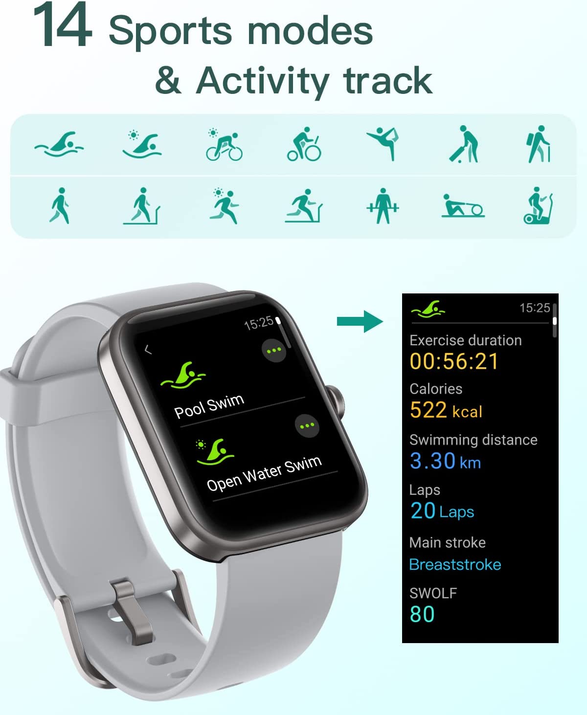智能手表兼容 iPhone Android 手机 2022，1.7 英寸男女手表 IP68 防水健身追踪器带血氧/心率监测器睡眠步数追踪器 DIY 表盘黑色