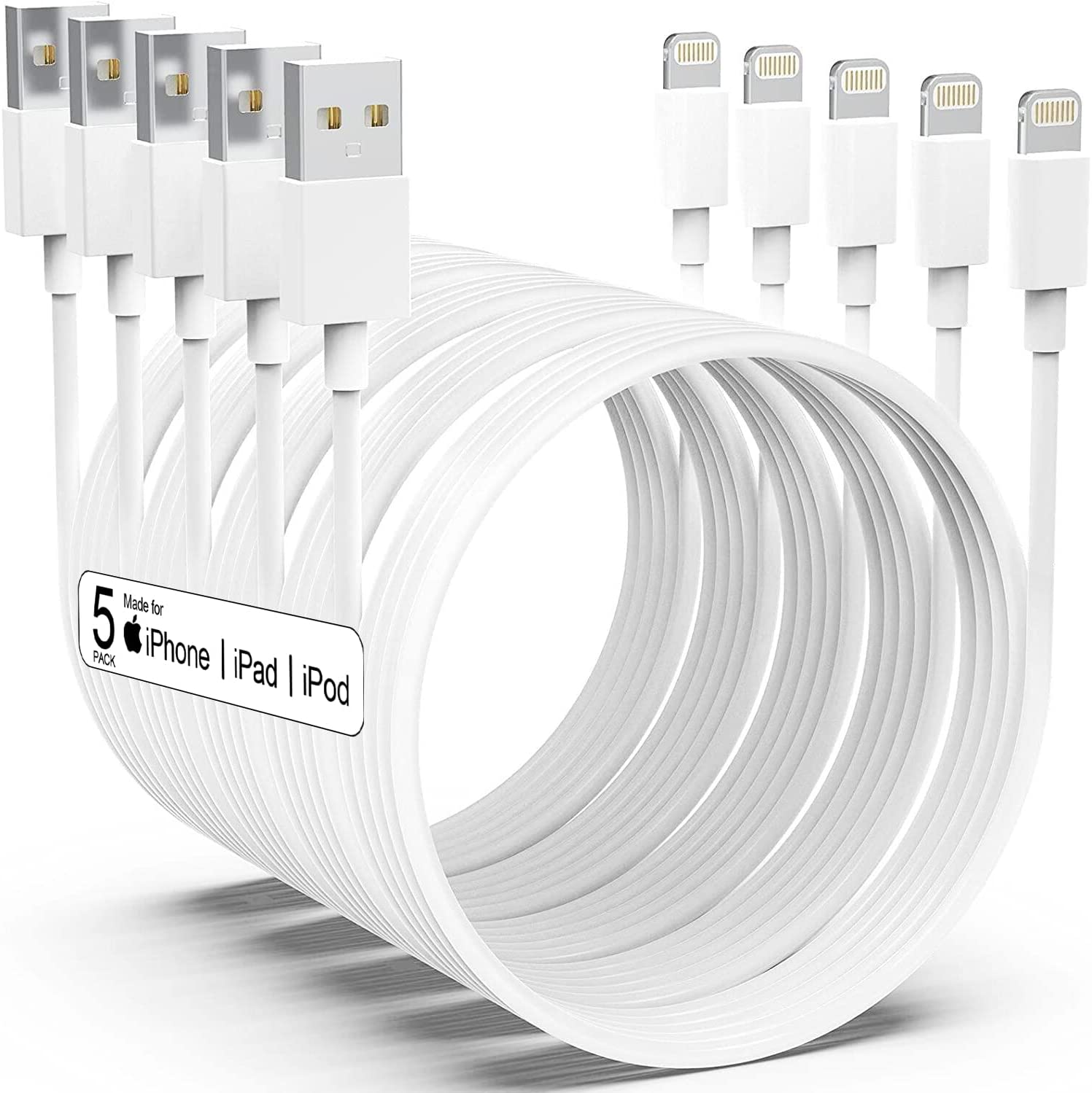 [Apple MFi 认证] iPhone 充电器 5 件装 [6/6/6/10/10FT] 长闪电数据线快速充电线 iPhone 充电线兼容 iPhone 14/14 Pro/Max/13/12/11 Pro Max/XS MAX/XR/ XS/X/8/7/Plus iPad