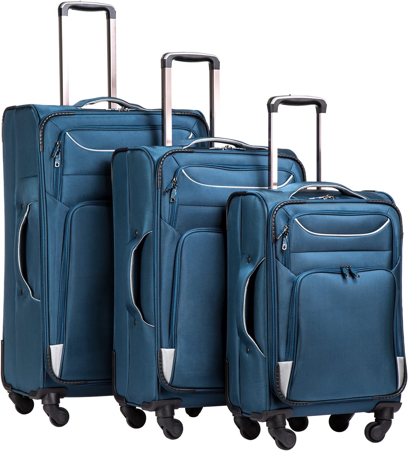 Coolife Luggage 3 件套 Suitcase Spinner Softshell 轻量级（蓝+银）