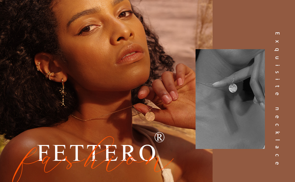 Fettero 吊坠项链金项圈分层硬币开口业力圈全新新月 14K 镀金精致简约月相珠宝女式礼物