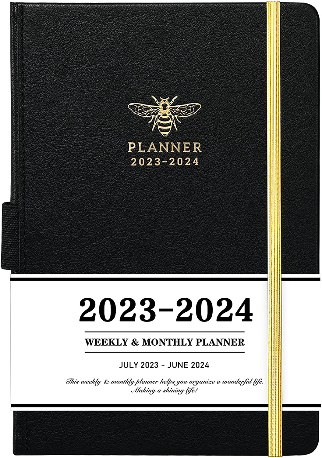 Planner 2023-2024 - Academic Planner 2023-2024 从 2023 年 7 月到 2024 年 6 月，2023-2024 周月计划，带日历贴纸，5.75" x 8.25"，Saffiano 皮革，笔环，后袋 - 黑蜜蜂