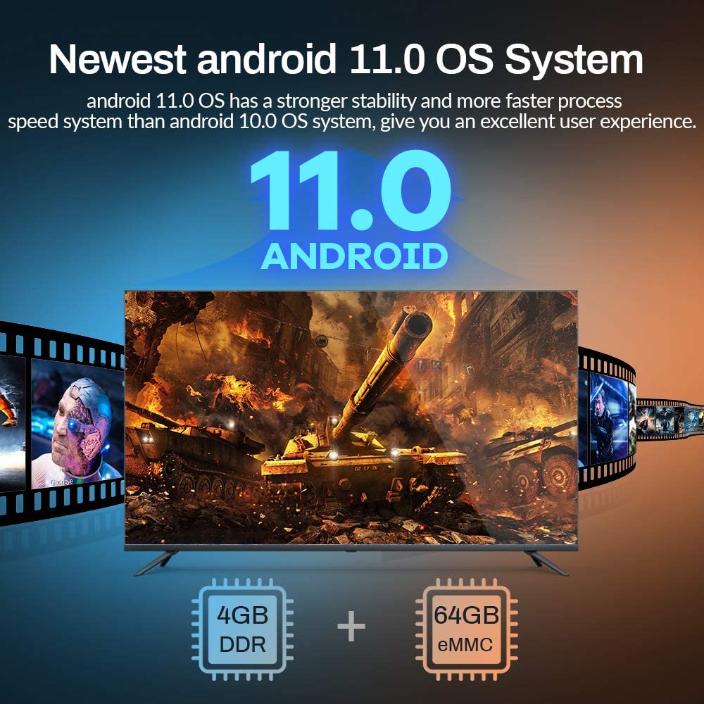 Android 电视盒 11， RK3318 USB 3.0 超高清 4K HDR 4GB 内存 64GB ROM 2.4G 5.8G 双频 WiFi 带 BT 4.1 WiFi 100M 以太网带背光迷你键盘机顶盒