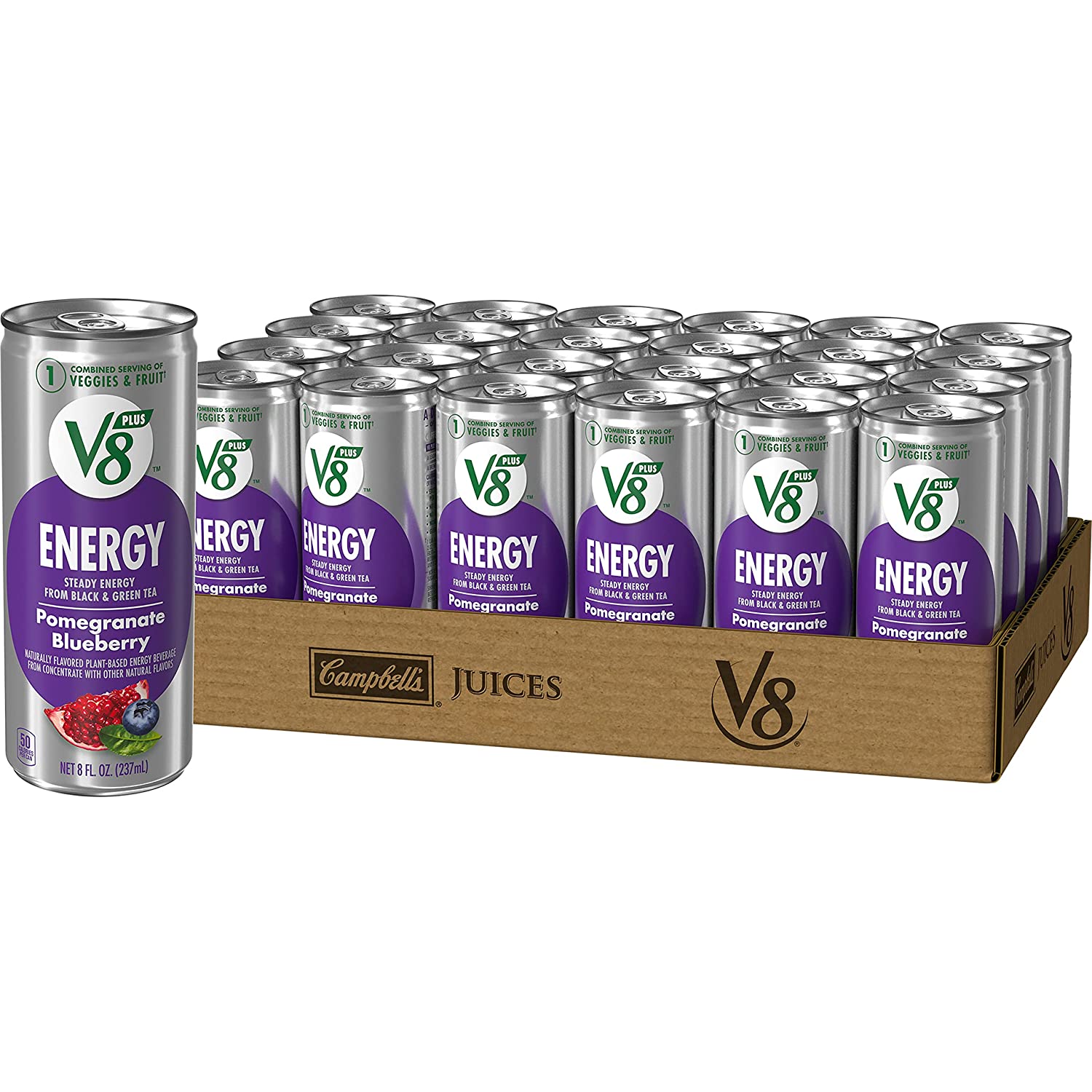 V8 +ENERGY 石榴蓝莓能量饮料，用真正的蔬菜和果汁制成，8 盎司罐装（24 件装）