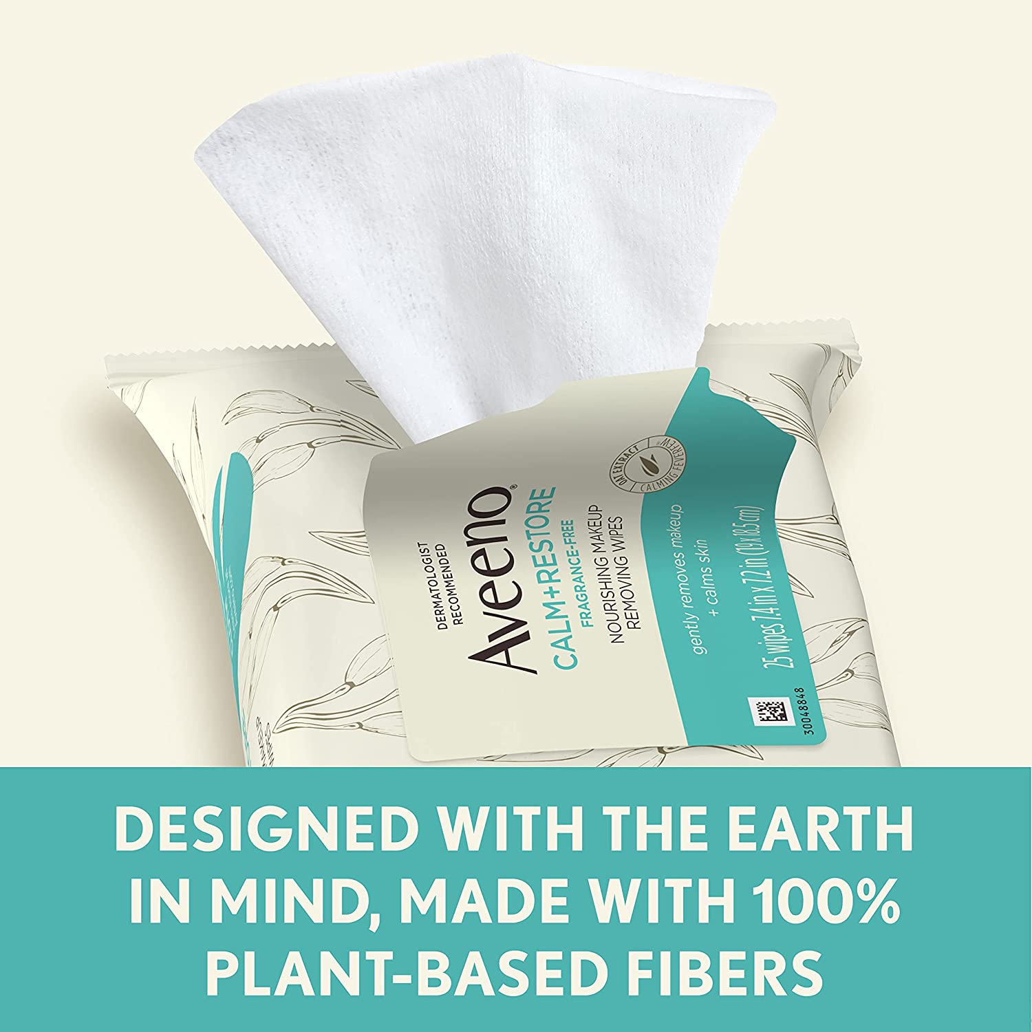 Aveeno Calm + Restore 滋养卸妆面巾，100% 植物基布，不含香料的面巾，含燕麦提取物和Calming Feverfew，低过敏性，25 ct