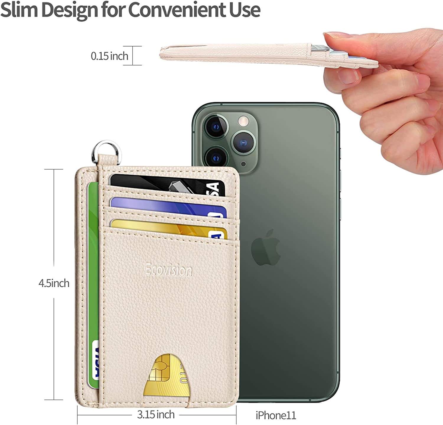 EcoVision 纤薄简约前袋钱包，RFID 屏蔽信用卡夹钱包，带可拆卸 D 型扣，男女皆宜