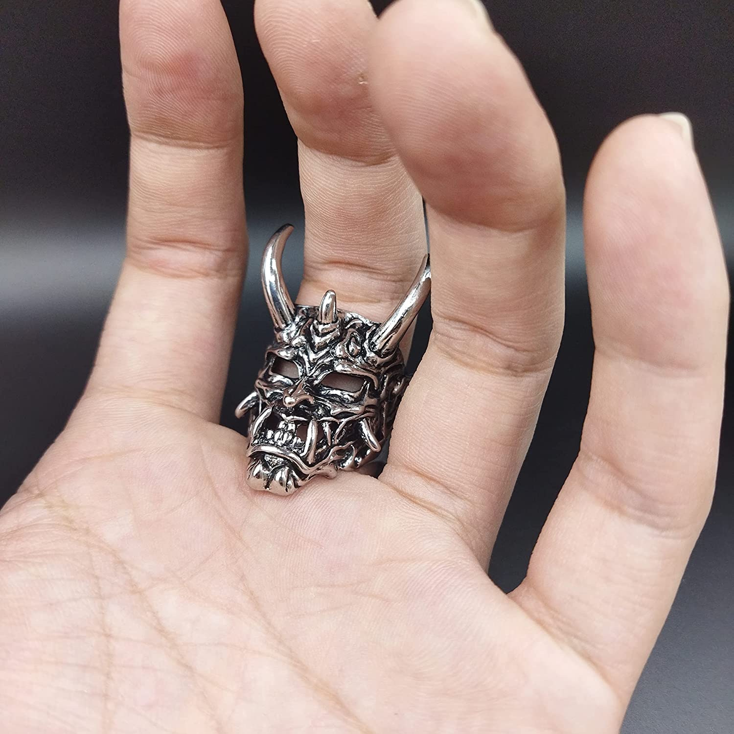 可调节开口 Oni Samurai Rakshasa Mask Prajna Ring Men's Jewelry Skull Devil Satan Dark Gothic style