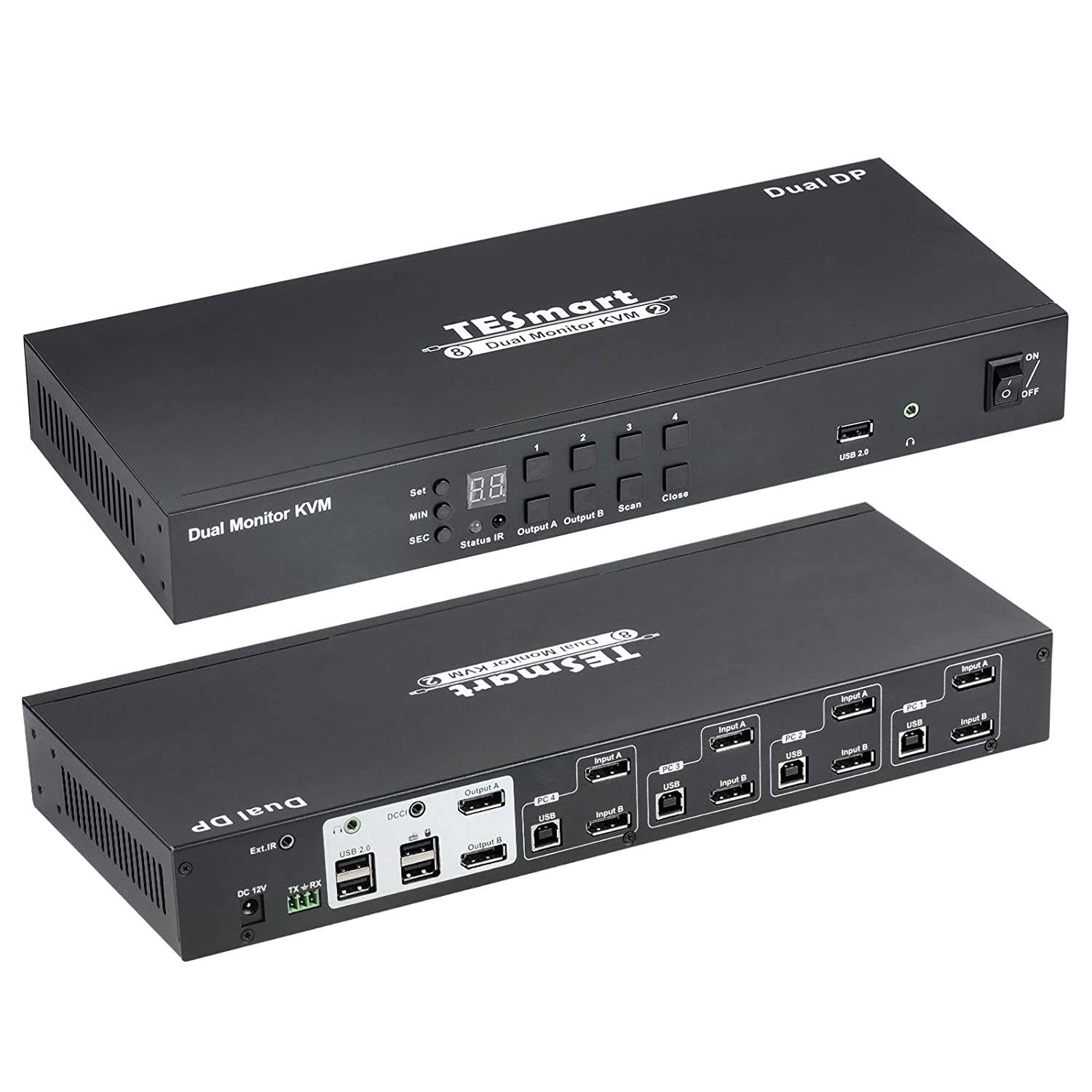 TESmart KVM 切换器 3 显示器 4 台计算机 4K@60Hz 4:4:4，支持 3 个 USB 外围设备，2 个音频输出，机械，多媒体键盘，RS232，三显示器 HDMI KVM 切换器 4 端口盒，带 KVM 电缆