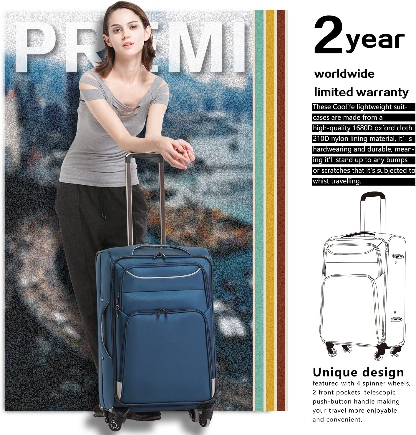 Coolife Luggage 3 件套 Suitcase Spinner Softshell 轻量级（蓝+银）