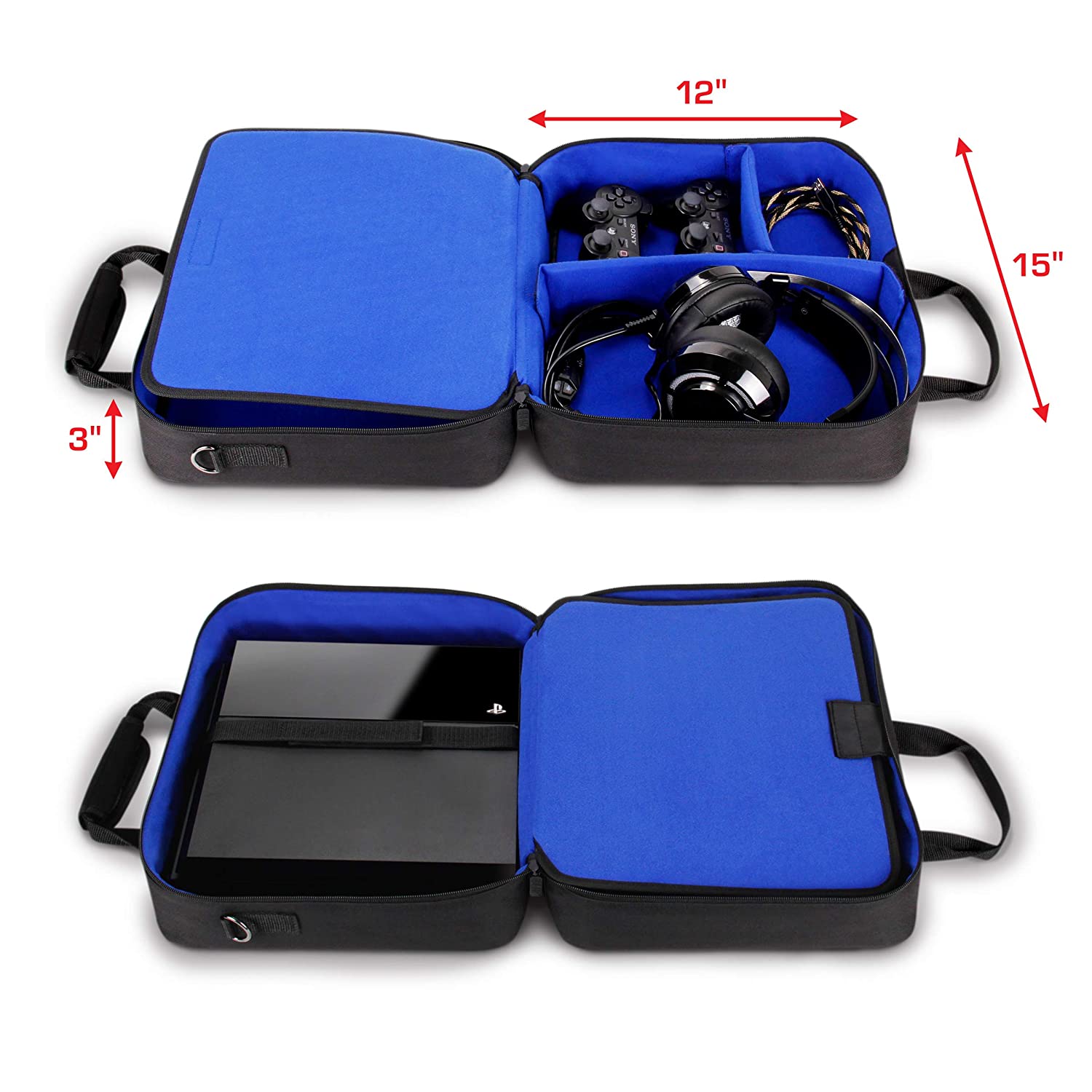 USA GEAR 控制台便携包 - PS4 保护套兼容 Playstation 4 Slim、PS4 Pro 和 PS3 - 可定制的内部商店 PS4 游戏、PS4 控制器、PS4 耳机和更多游戏配件（黑色）