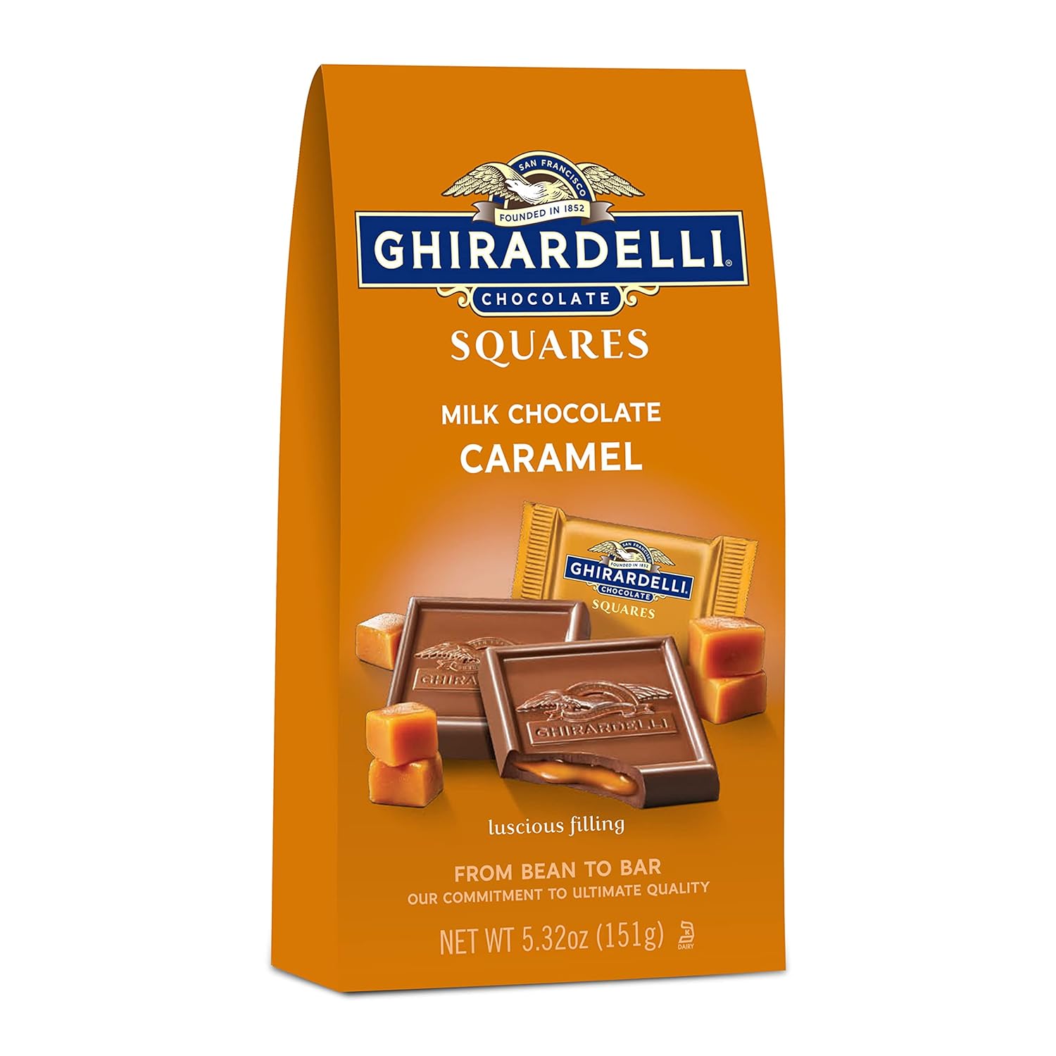 GHIRARDELLI 焦糖夹心牛奶巧克力方块，牛奶巧克力焦糖方块糖果，5.32 盎司袋装（6 件装）