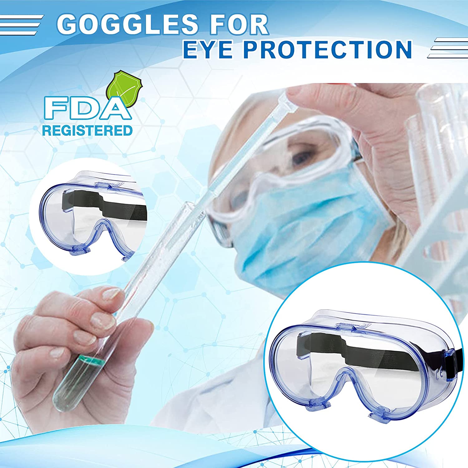 VAKKER 安全护目镜 FDA 注册，Z87.1 安全眼镜护眼-医用护目镜适合眼镜-男女通用超透明防护眼镜防护眼镜-实验室护目镜医疗防护