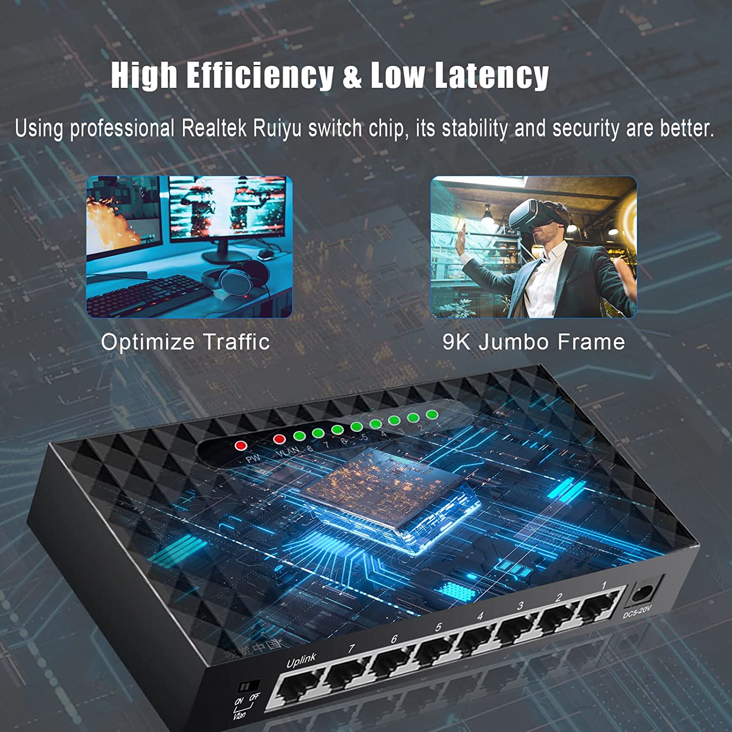 TEROW<link TXE099 8 端口千兆以太网网络交换机，10/100/1000Mbps 网络交换机集线器，桌面非托管以太网分离器，耐用塑料外壳，无风扇静音，即插即用