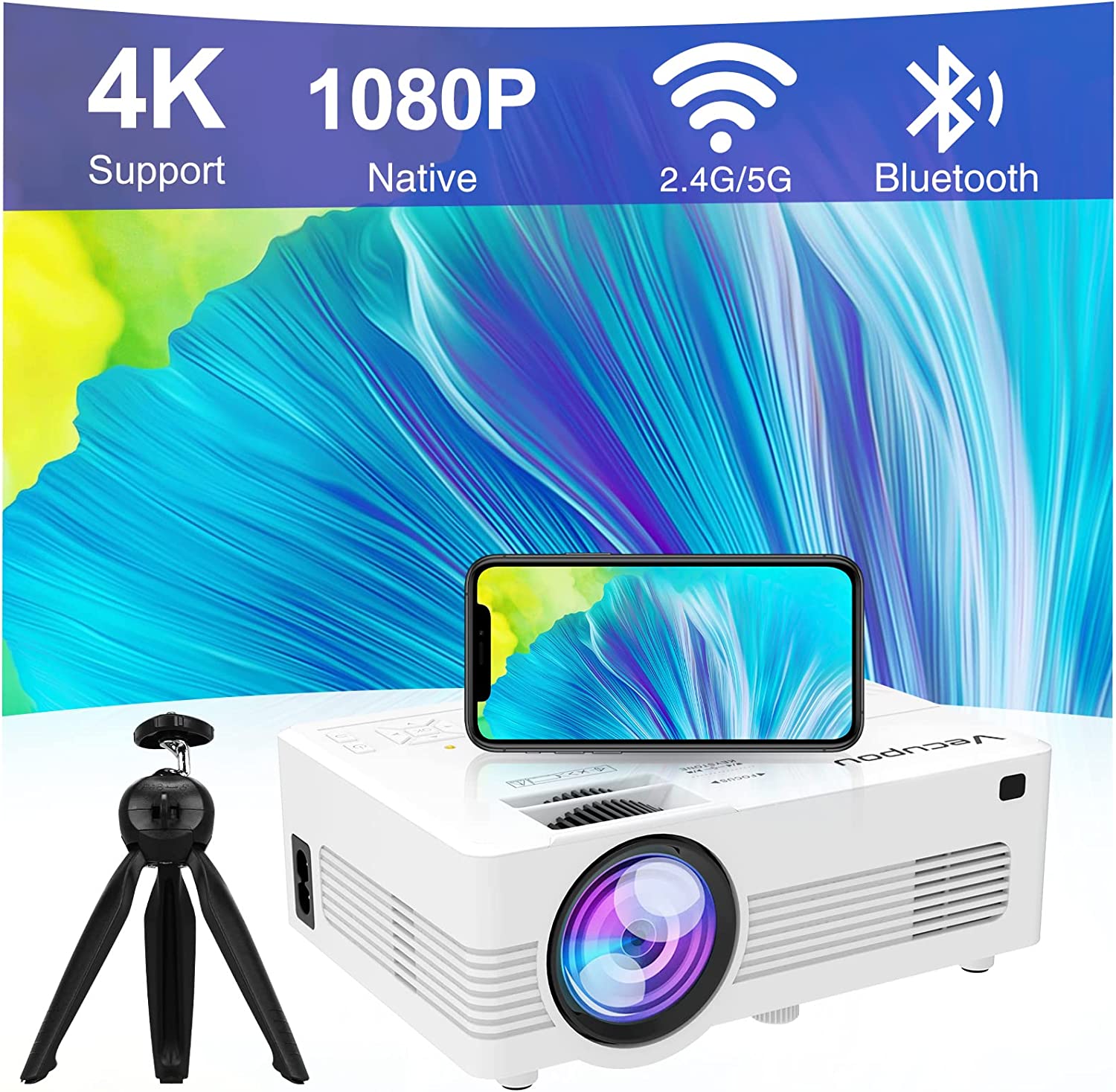 原生 1080P 迷你投影仪，带 5G WiFi 和蓝牙（带三脚架），支持 4K 的户外投影仪，便携式电影投影仪，兼容电视棒、iOS、Android、PS5、HDMI、USB、Vecupou