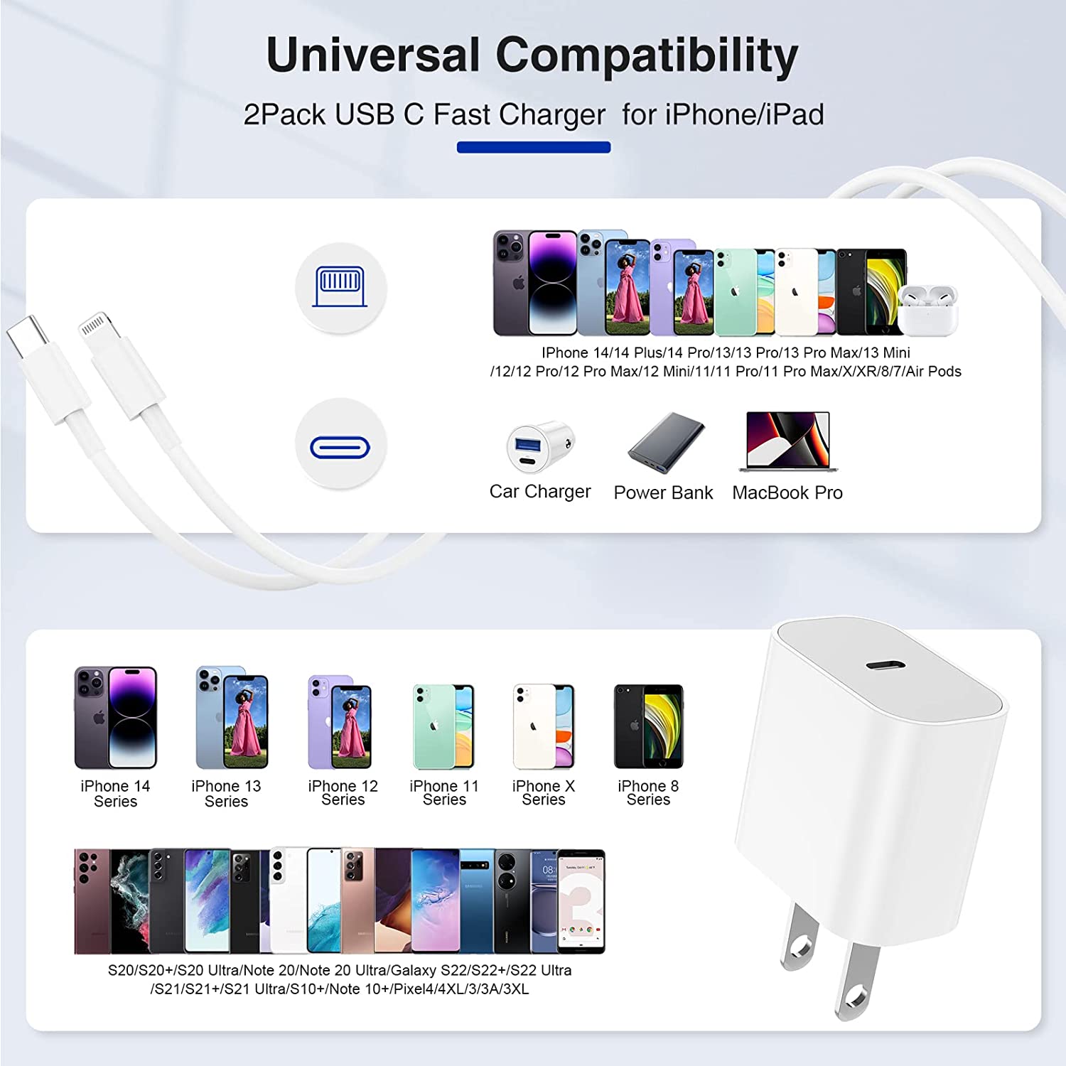 iPhone 14 13 12 快速充电器，[2 件装] Apple 14 13 充电器座，带 (2×6FT) USB C 至闪电数据线快速充电，适用于 Apple iPhone 14/13/12/11 Pro Max/XS/SE 的 USB C 型壁式充电器/iPad/AirPods