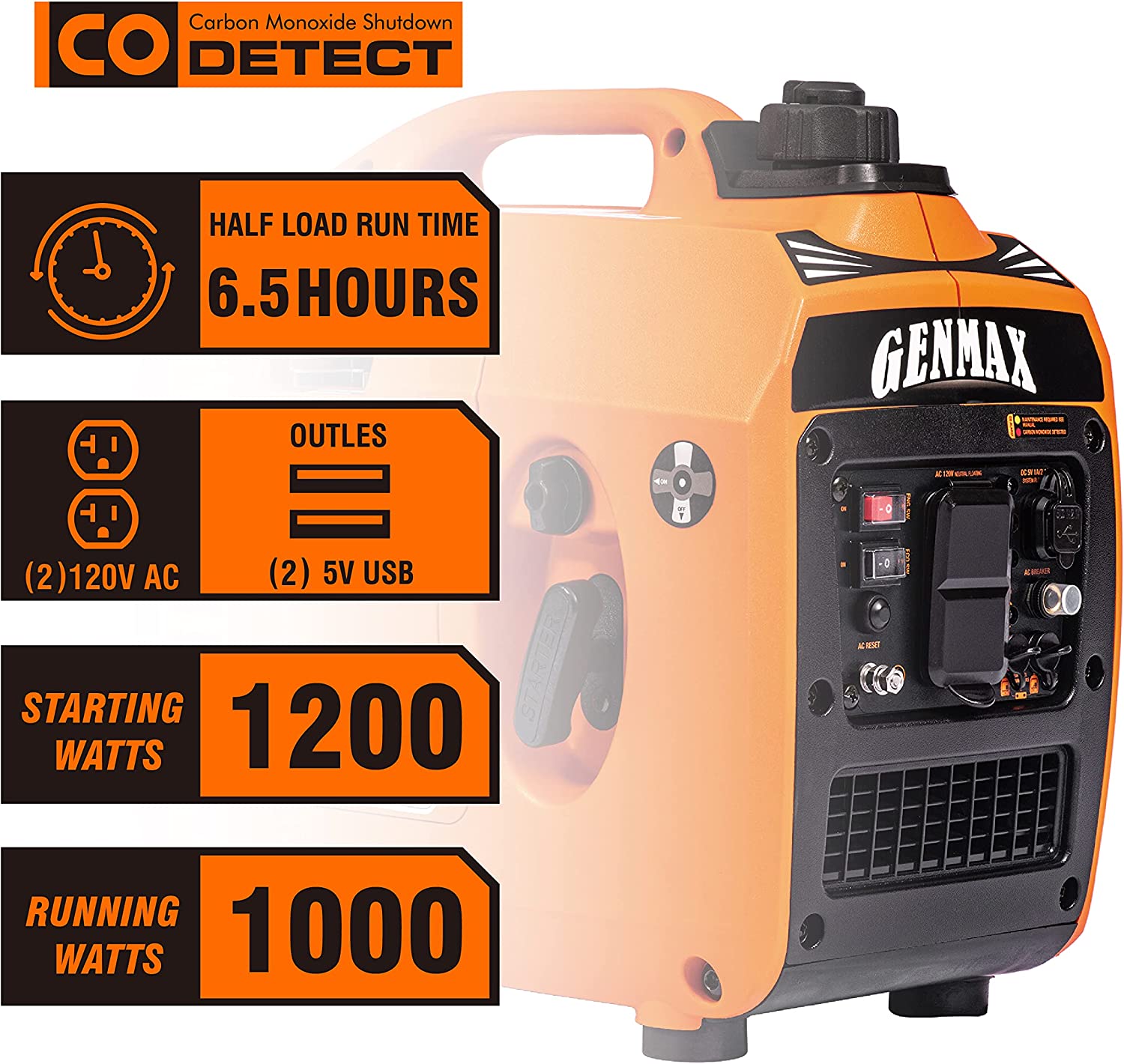 GENMAX 便携式变频发电机，1200W 超静音燃气发动机，符合 EPA 标准，生态模式功能，超轻型备用家庭使用露营 (GM1200i)