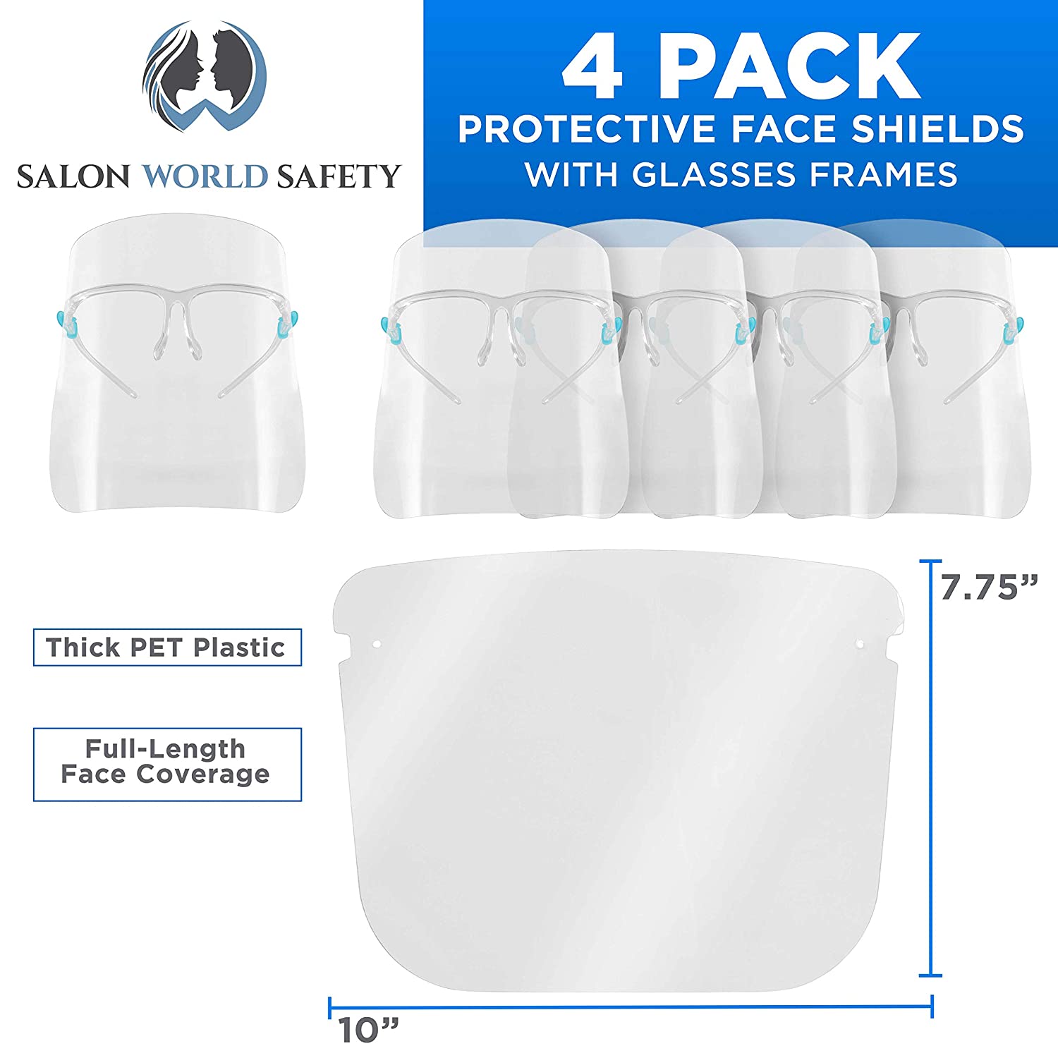 TCP Global Salon World Safety Face Shields with Glasses Frames（4 件装）- 超透明防护全面罩，保护眼睛、鼻子、嘴巴 - 防雾 PET 塑料卫生液滴防溅罩