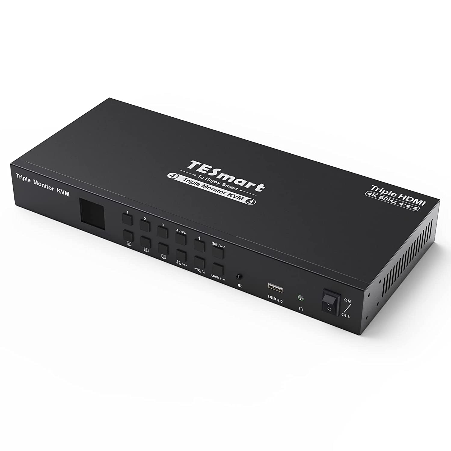 TESmart KVM 切换器 3 显示器 4 台计算机 4K@60Hz 4:4:4，支持 3 个 USB 外围设备，2 个音频输出，机械，多媒体键盘，RS232，三显示器 HDMI KVM 切换器 4 端口盒，带 KVM 电缆