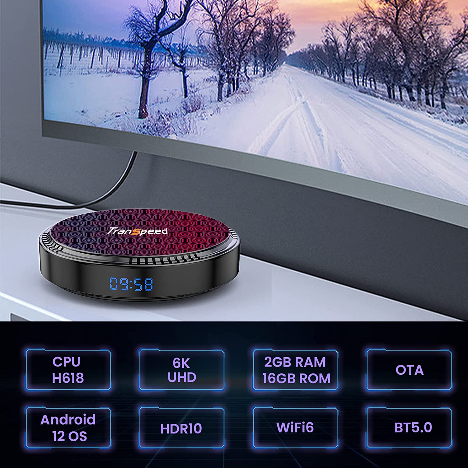 安卓电视盒 12 2GB 16GB WiFi6 2.4G 5.8G 6k 电视盒 H618 芯片组支持 HDR10 BT5.0 USB 2.0 以太网 LAN 3D 带迷你背光键盘