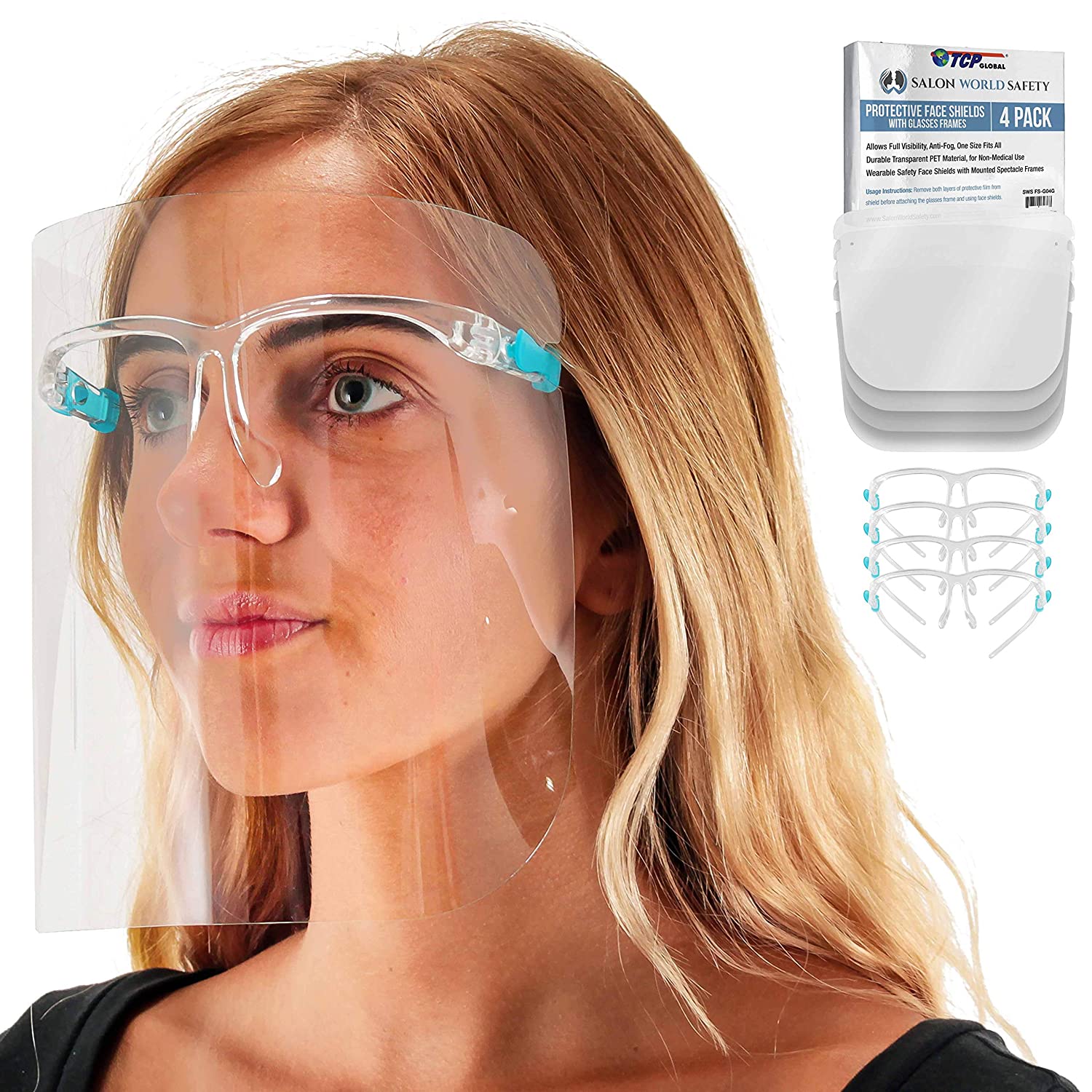 TCP Global Salon World Safety Face Shields with Glasses Frames（4 件装）- 超透明防护全面罩，保护眼睛、鼻子、嘴巴 - 防雾 PET 塑料卫生液滴防溅罩