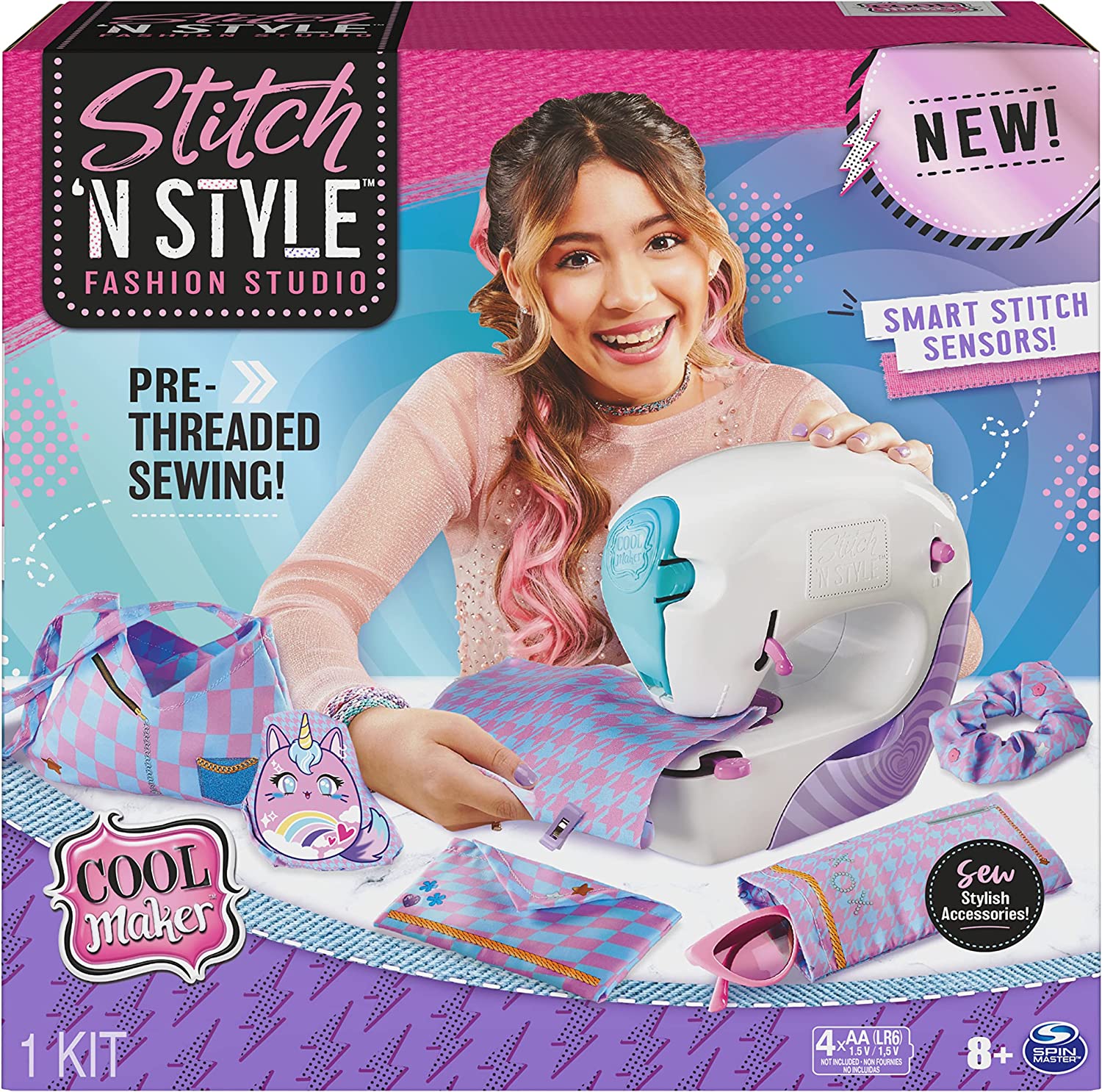 Cool Maker，Stitch 'N Style Fashion Studio，带织物和水转印印花的预穿线缝纫机玩具，艺术和手工艺女孩儿童玩具