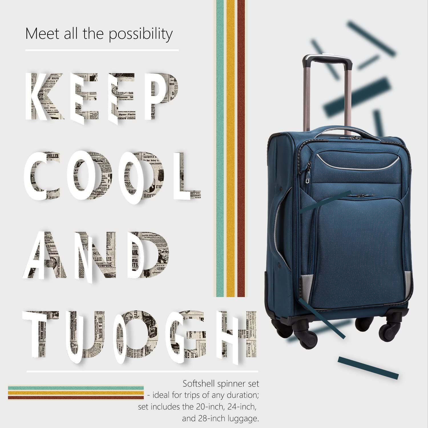 Coolife Luggage 3 件套 Suitcase Spinner Softshell 轻量级（蓝+银）
